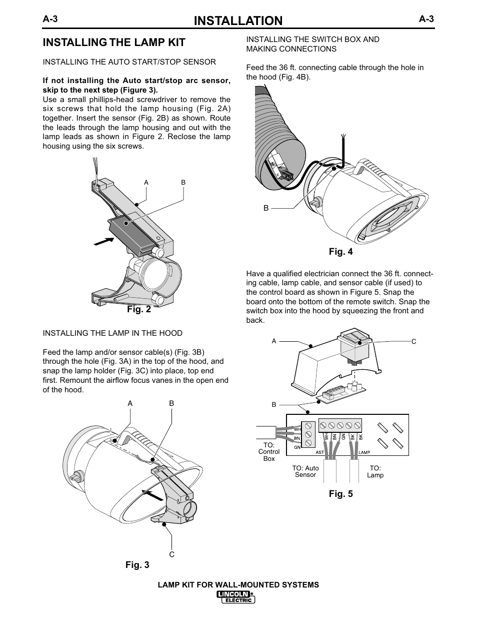 Installation, Installing the lamp kit, Fig. 2 | Fig. 3, Fig. 4, Fig. 5 | Lincoln Electric IM627 Lamp Kit for Wall-Mounted Systems User Manual | Page 10 / 29