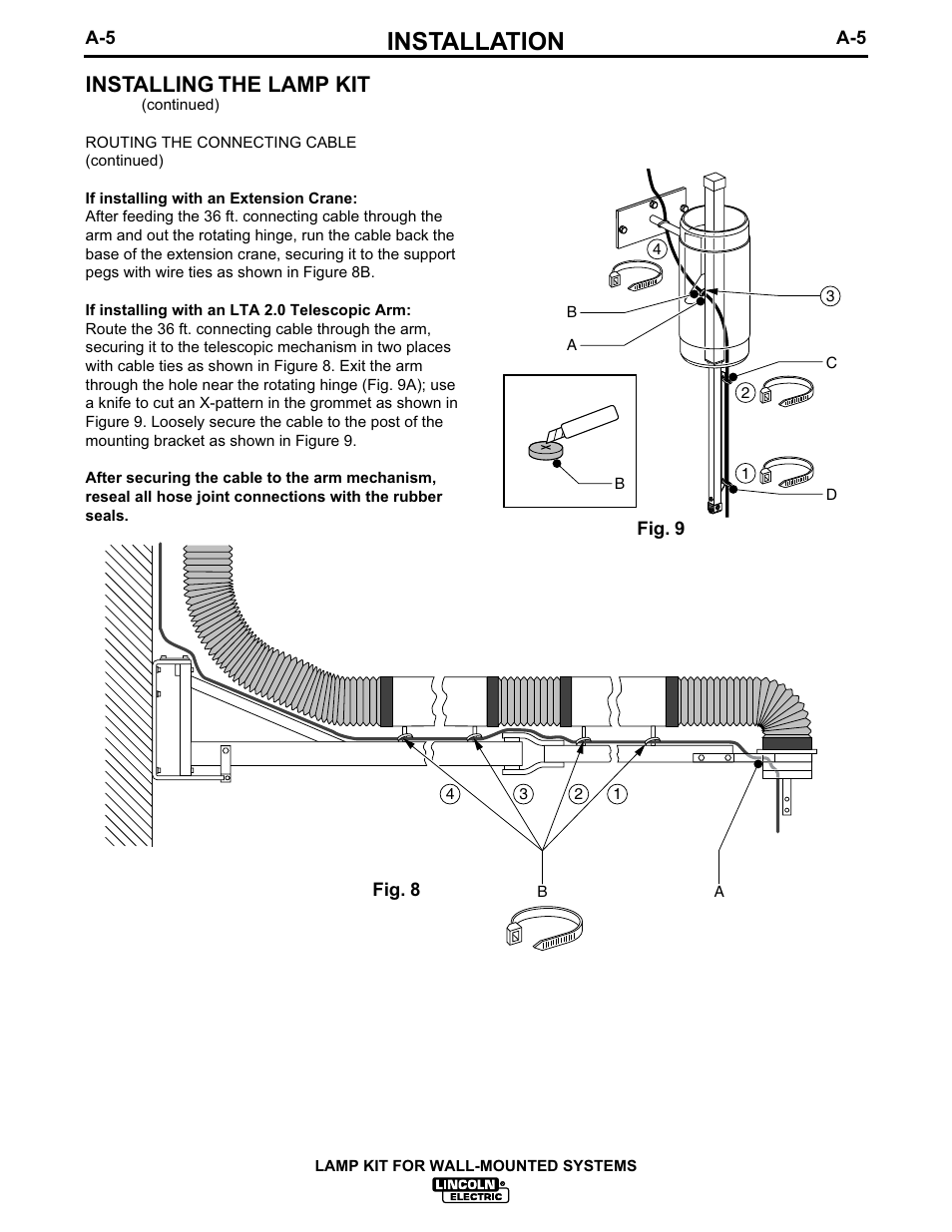 Installation, Installing the lamp kit | Lincoln Electric IM627 Lamp Kit for Wall-Mounted Systems User Manual | Page 12 / 29