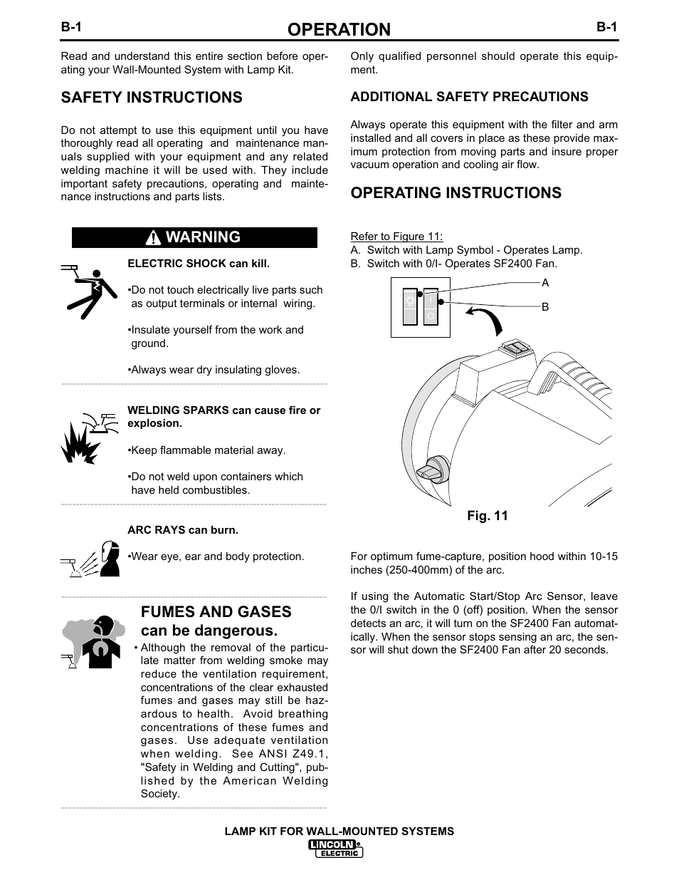 Operation, Safety instructions, Fumes and gases can be dangerous | Operating instructions, Warning | Lincoln Electric IM627 Lamp Kit for Wall-Mounted Systems User Manual | Page 14 / 29