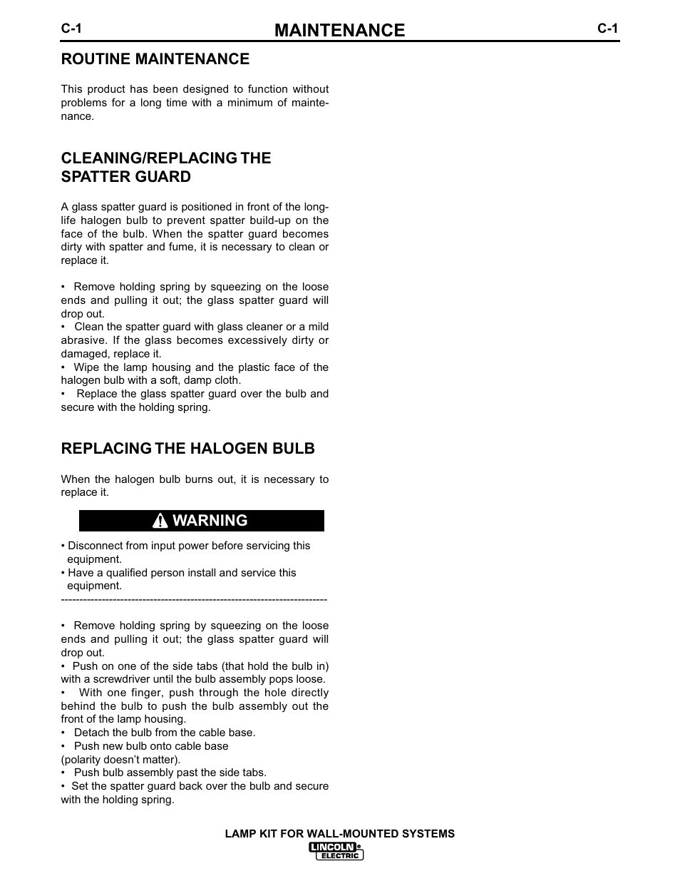 Maintenance, Routine maintenance, Cleaning/replacing the spatter guard | Replacing the halogen bulb, Warning | Lincoln Electric IM627 Lamp Kit for Wall-Mounted Systems User Manual | Page 15 / 29