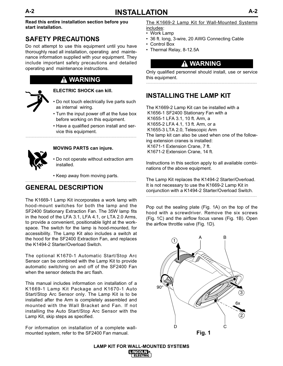 Installation, Installing the lamp kit, Safety precautions | General description, Warning | Lincoln Electric IM627 Lamp Kit for Wall-Mounted Systems User Manual | Page 9 / 29