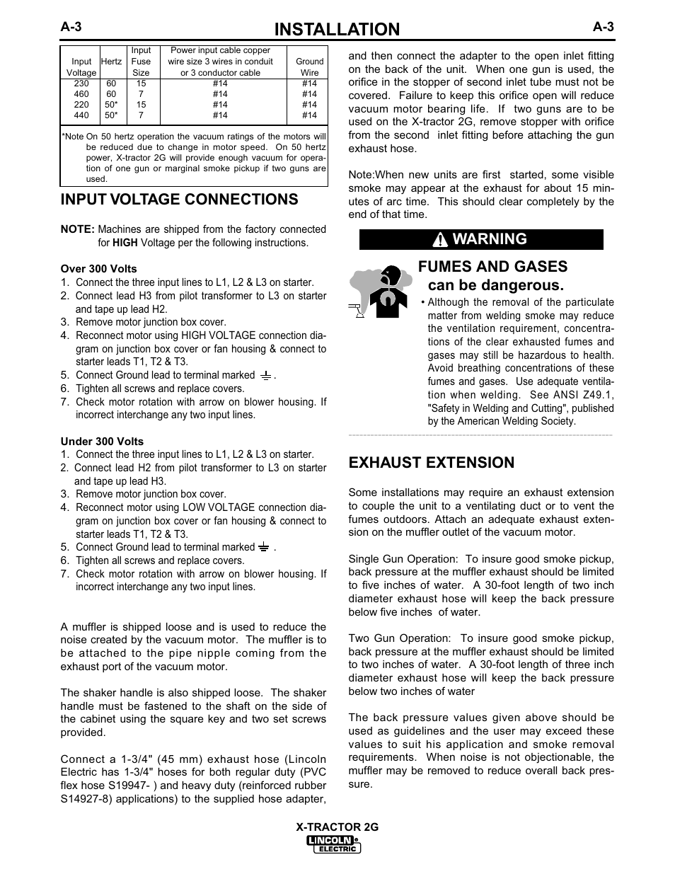 Installation, Input voltage connections, Fumes and gases can be dangerous | Exhaust extension, Warning | Lincoln Electric IM547 X-Tractor 2G User Manual | Page 10 / 19