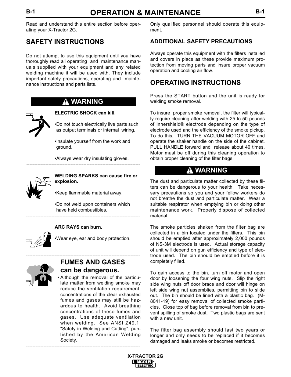 Operation & maintenance, Safety instructions, Fumes and gases can be dangerous | Operating instructions, Warning | Lincoln Electric IM547 X-Tractor 2G User Manual | Page 11 / 19