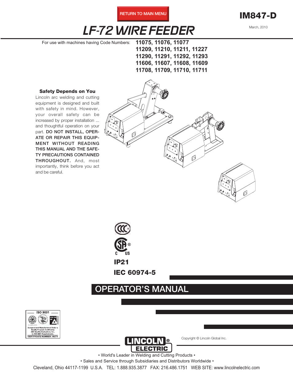 Lincoln Electric IM847 LF-72 WIRE FEEDER User Manual | 49 pages