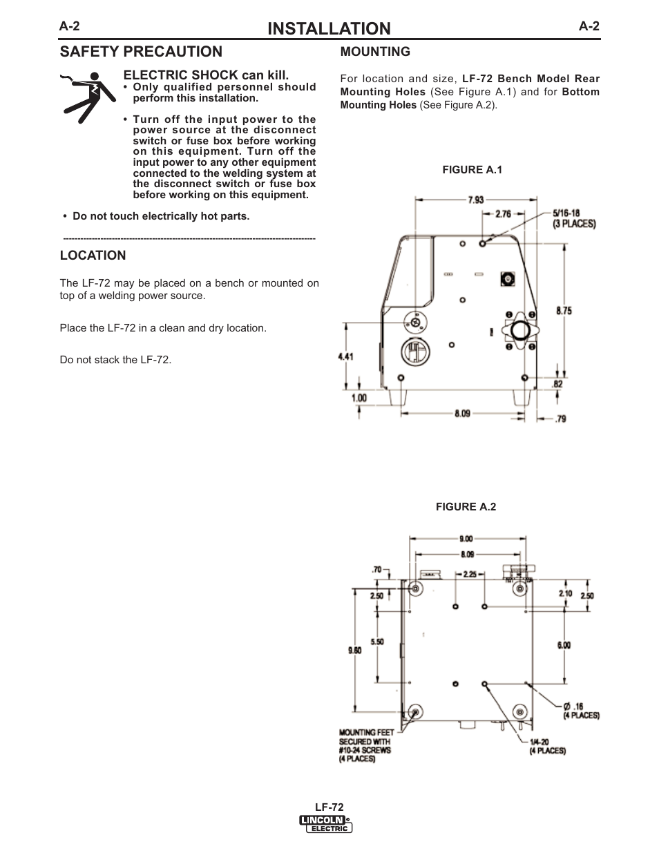 Installation, Safety precaution | Lincoln Electric IM847 LF-72 WIRE FEEDER User Manual | Page 10 / 49