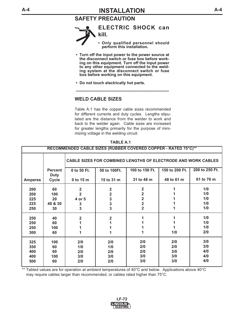 Installation, Safety precaution electric shock can kill | Lincoln Electric IM847 LF-72 WIRE FEEDER User Manual | Page 12 / 49