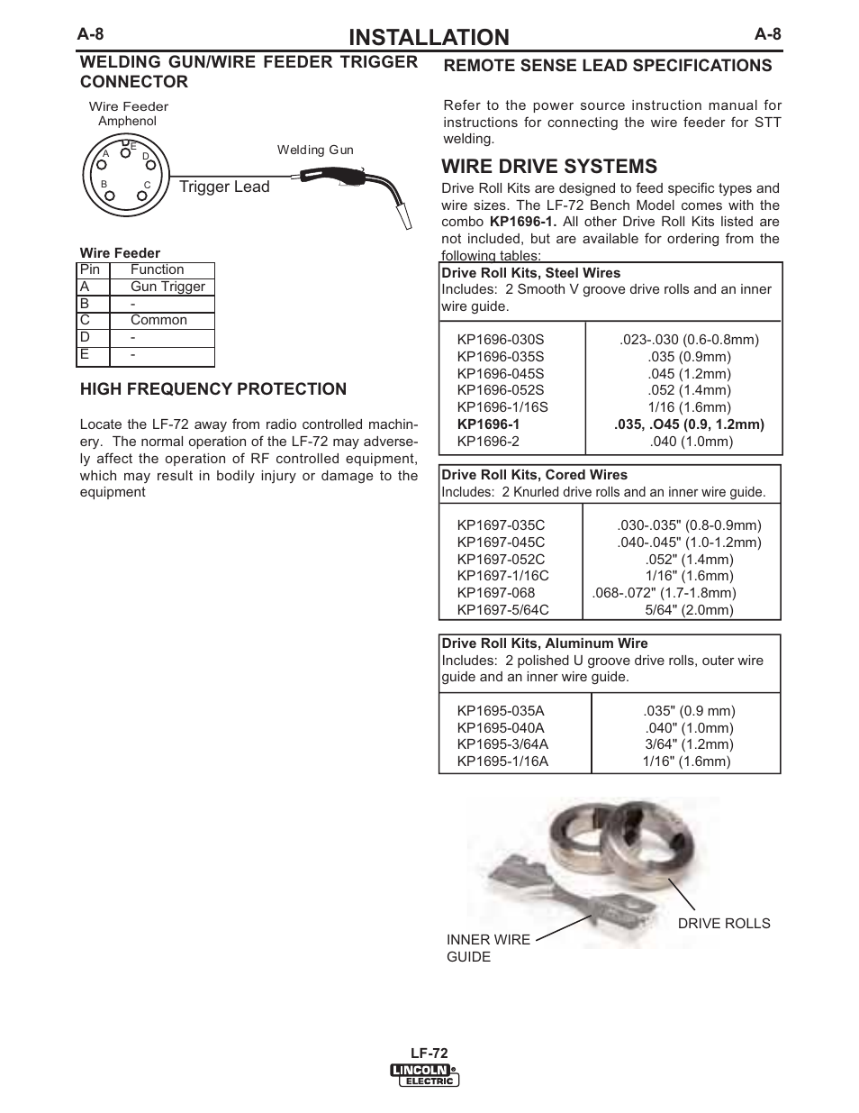 Installation, Wire drive systems | Lincoln Electric IM847 LF-72 WIRE FEEDER User Manual | Page 16 / 49