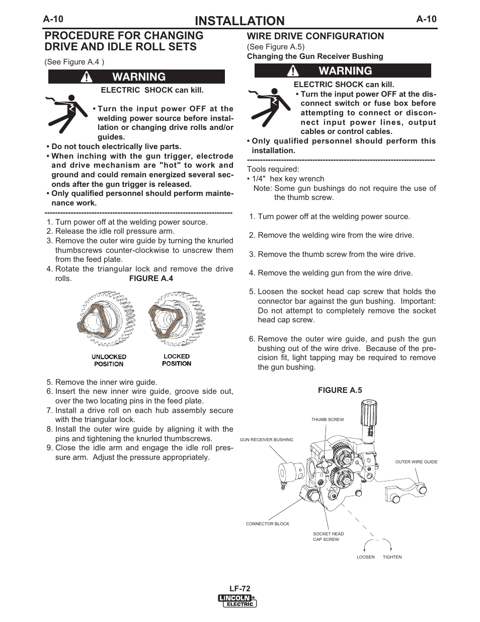 Installation, Procedure for changing drive and idle roll sets, Warning | Lincoln Electric IM847 LF-72 WIRE FEEDER User Manual | Page 18 / 49