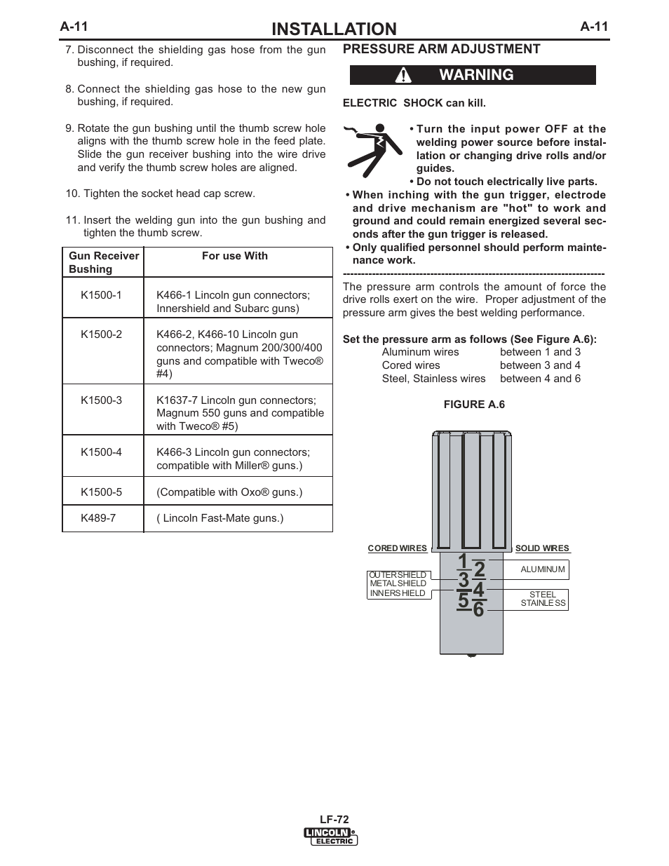 Installation, Warning | Lincoln Electric IM847 LF-72 WIRE FEEDER User Manual | Page 19 / 49