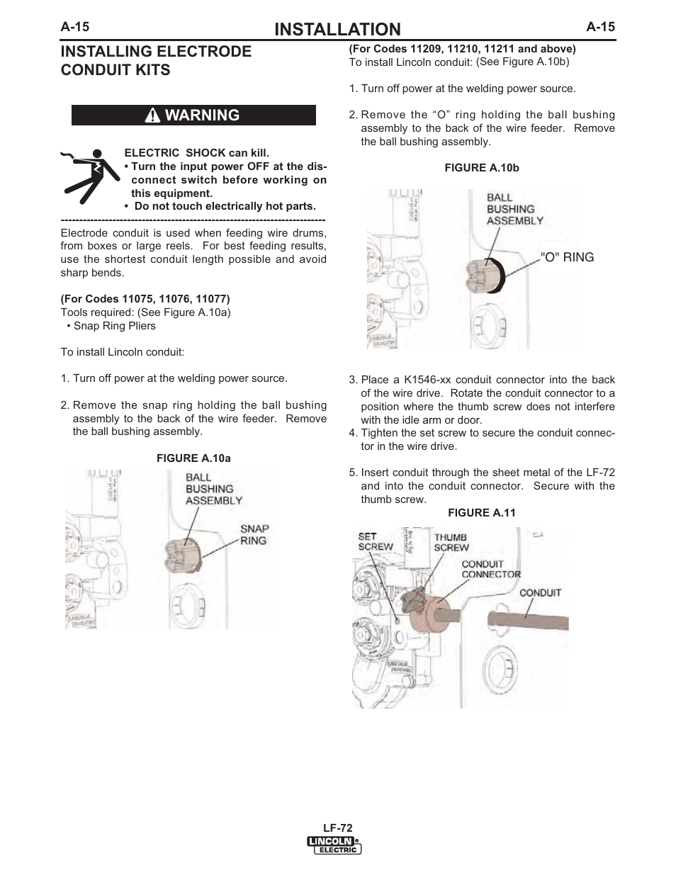 Installation, Installing electrode conduit kits, Warning | Lincoln Electric IM847 LF-72 WIRE FEEDER User Manual | Page 23 / 49