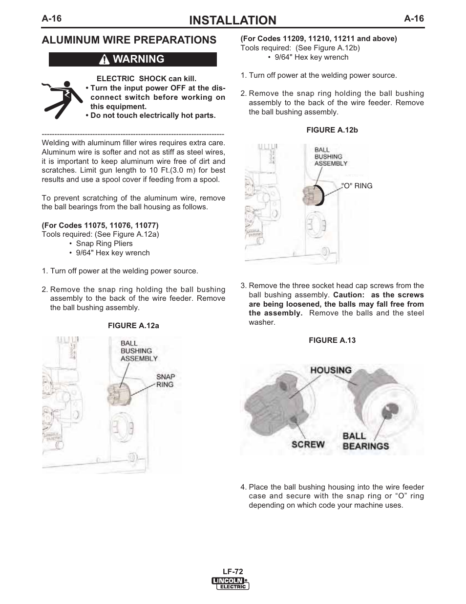 Installation, Aluminum wire preparations, Warning | Lincoln Electric IM847 LF-72 WIRE FEEDER User Manual | Page 24 / 49