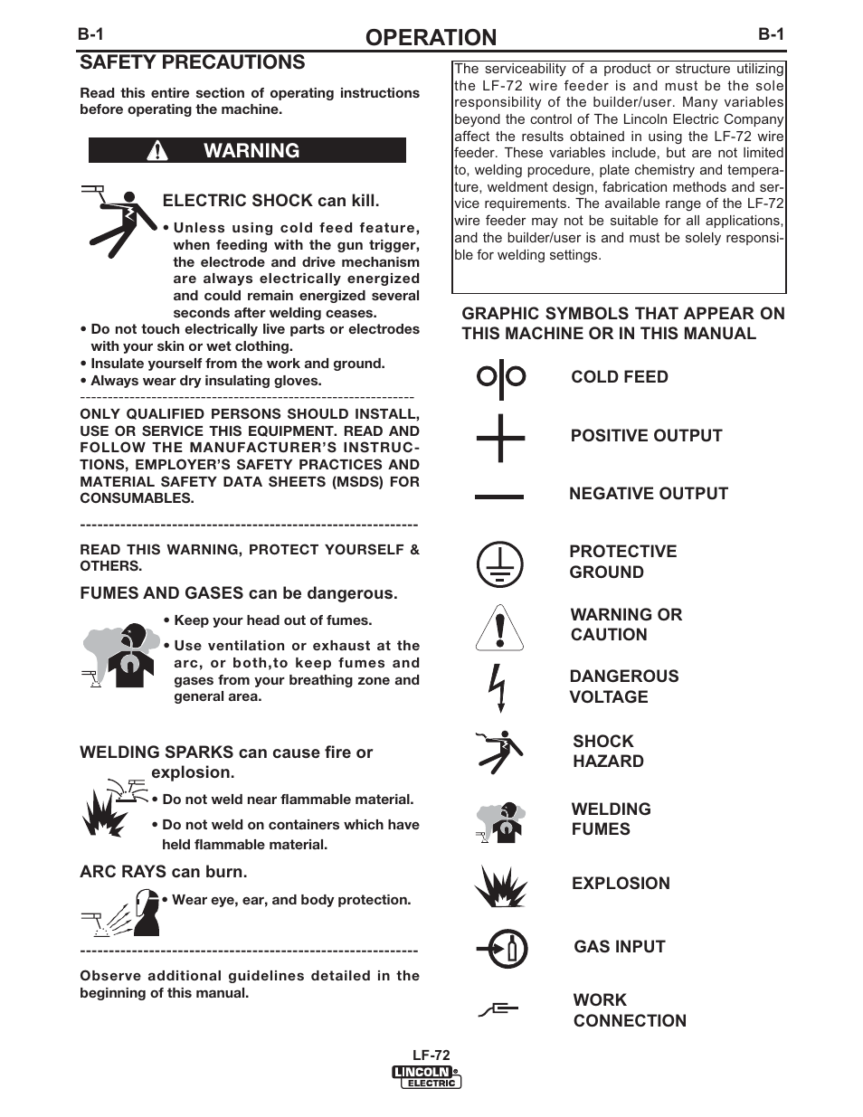 Operation, Safety precautions, Warning | Lincoln Electric IM847 LF-72 WIRE FEEDER User Manual | Page 27 / 49