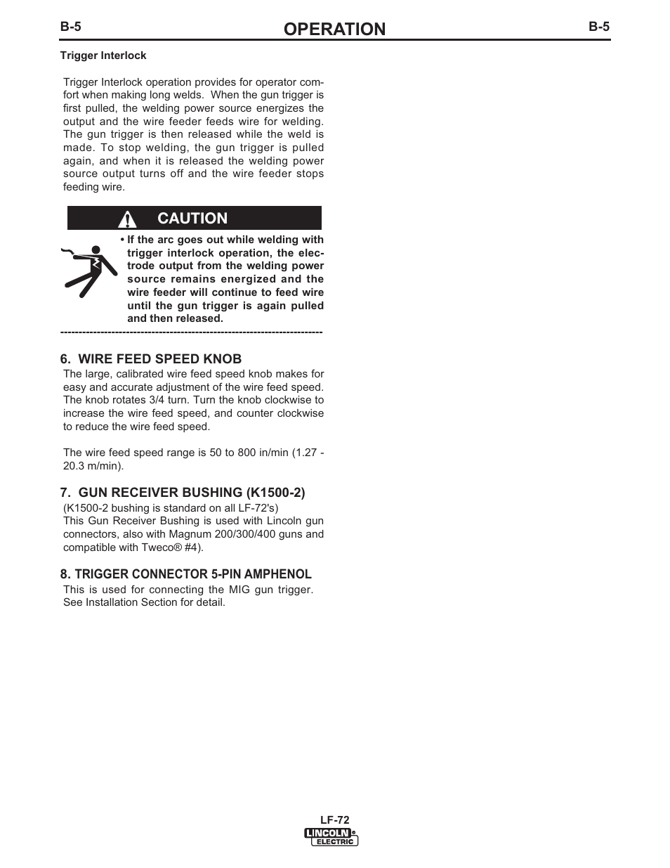 Operation, Caution | Lincoln Electric IM847 LF-72 WIRE FEEDER User Manual | Page 31 / 49