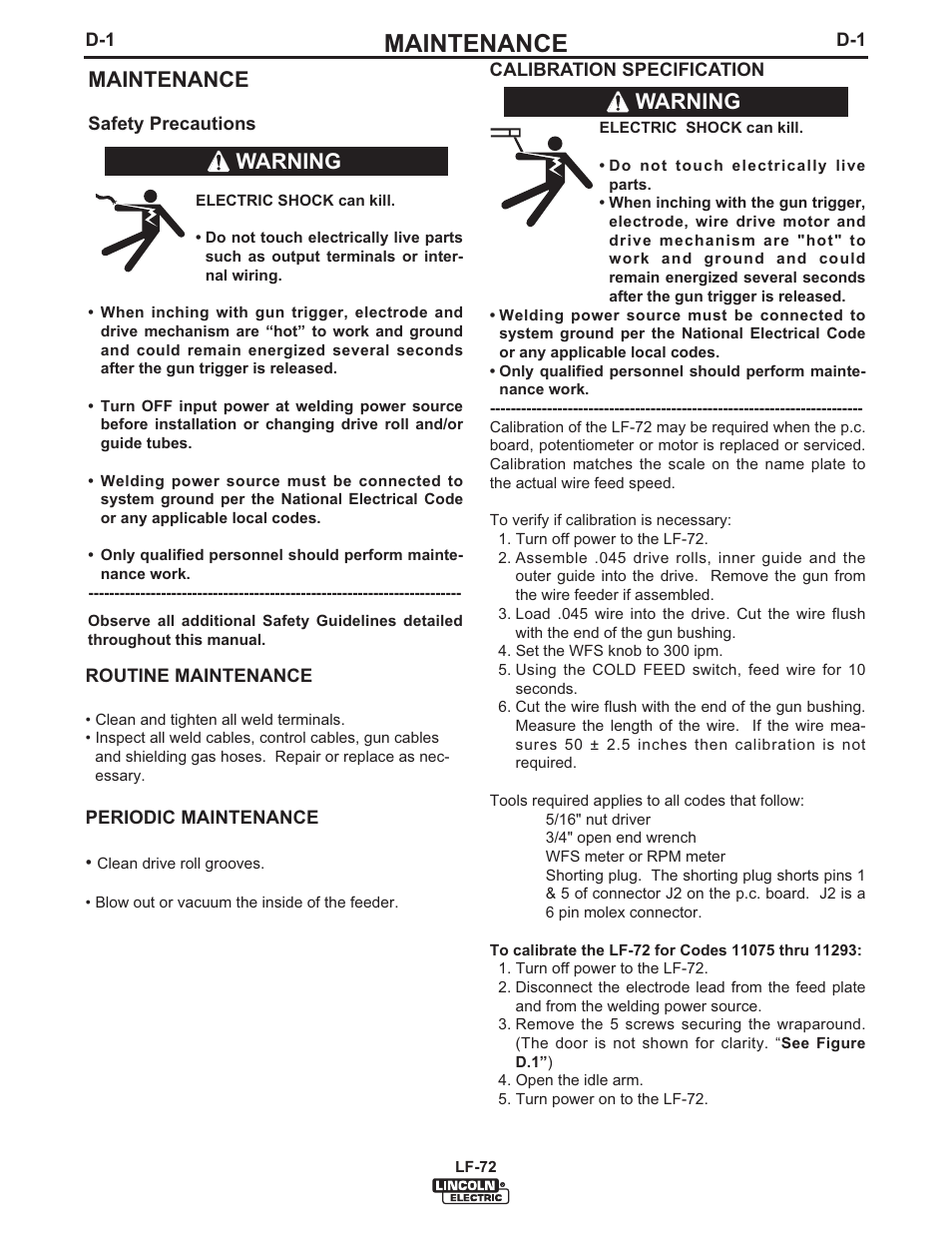 Maintenance, Warning | Lincoln Electric IM847 LF-72 WIRE FEEDER User Manual | Page 36 / 49