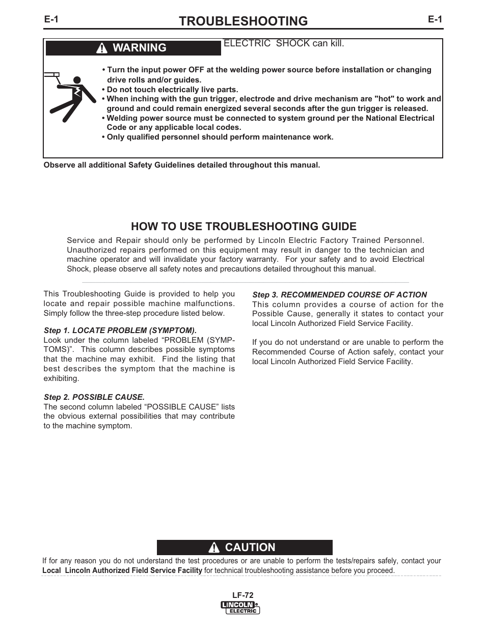 Troubleshooting, Caution, How to use troubleshooting guide | Warning | Lincoln Electric IM847 LF-72 WIRE FEEDER User Manual | Page 38 / 49