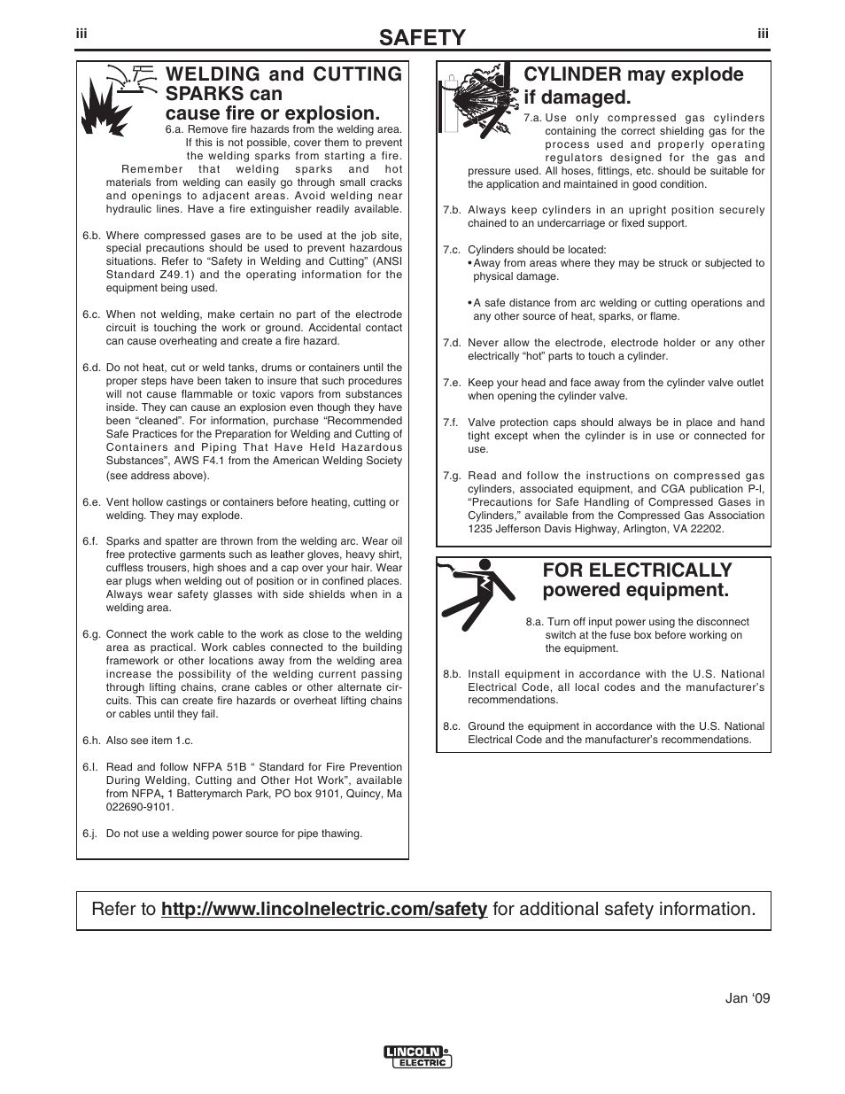 Safety, For electrically powered equipment, Cylinder may explode if damaged | Lincoln Electric IM847 LF-72 WIRE FEEDER User Manual | Page 4 / 49