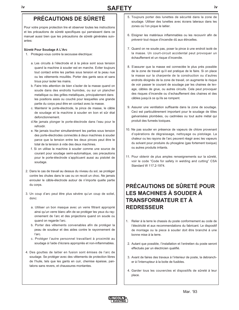 Safety, Précautions de sûreté | Lincoln Electric IM847 LF-72 WIRE FEEDER User Manual | Page 5 / 49