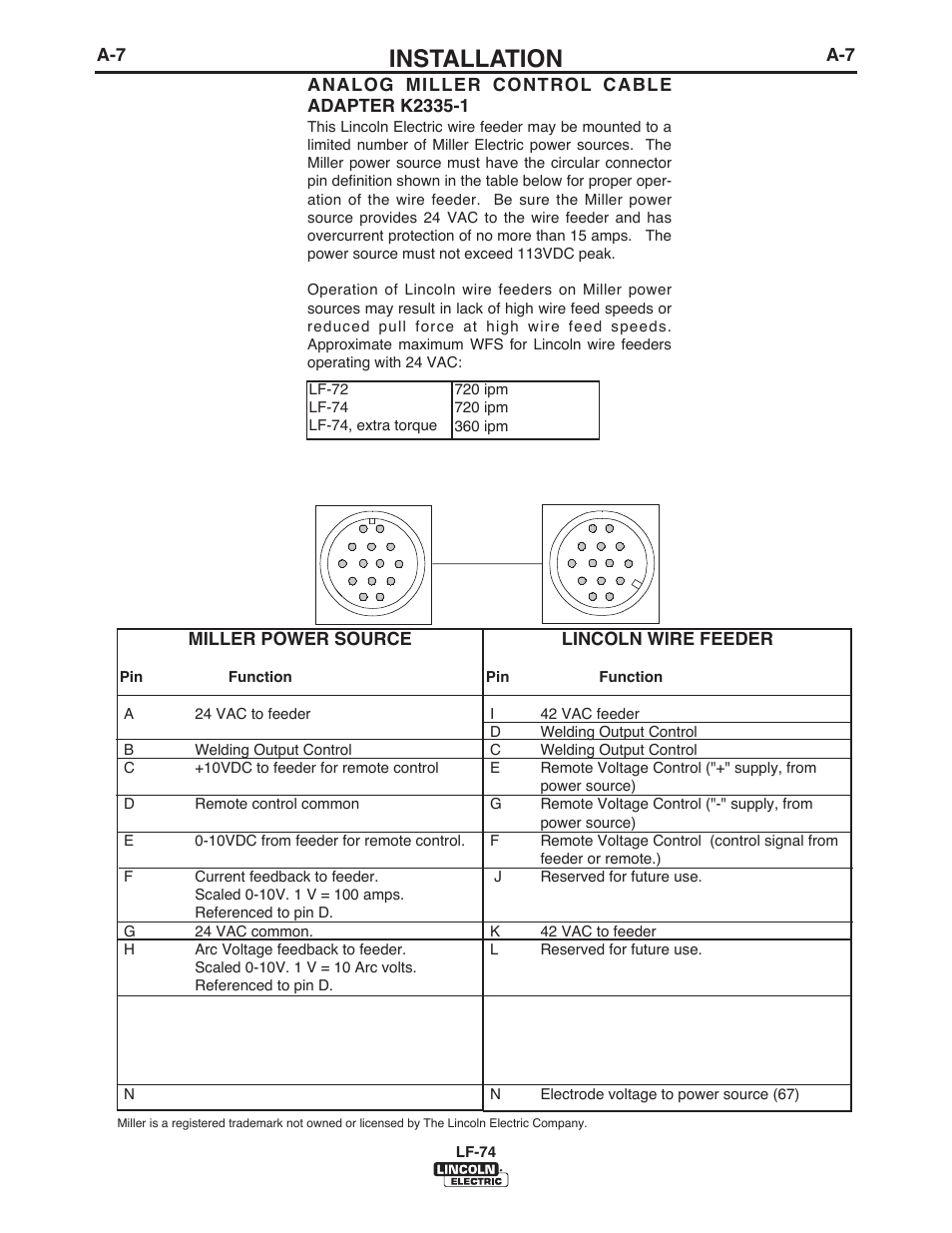 Installation, Miller power source, Lincoln wire feeder | Lincoln Electric IM872 LF-74 WIRE FEEDER User Manual | Page 15 / 50