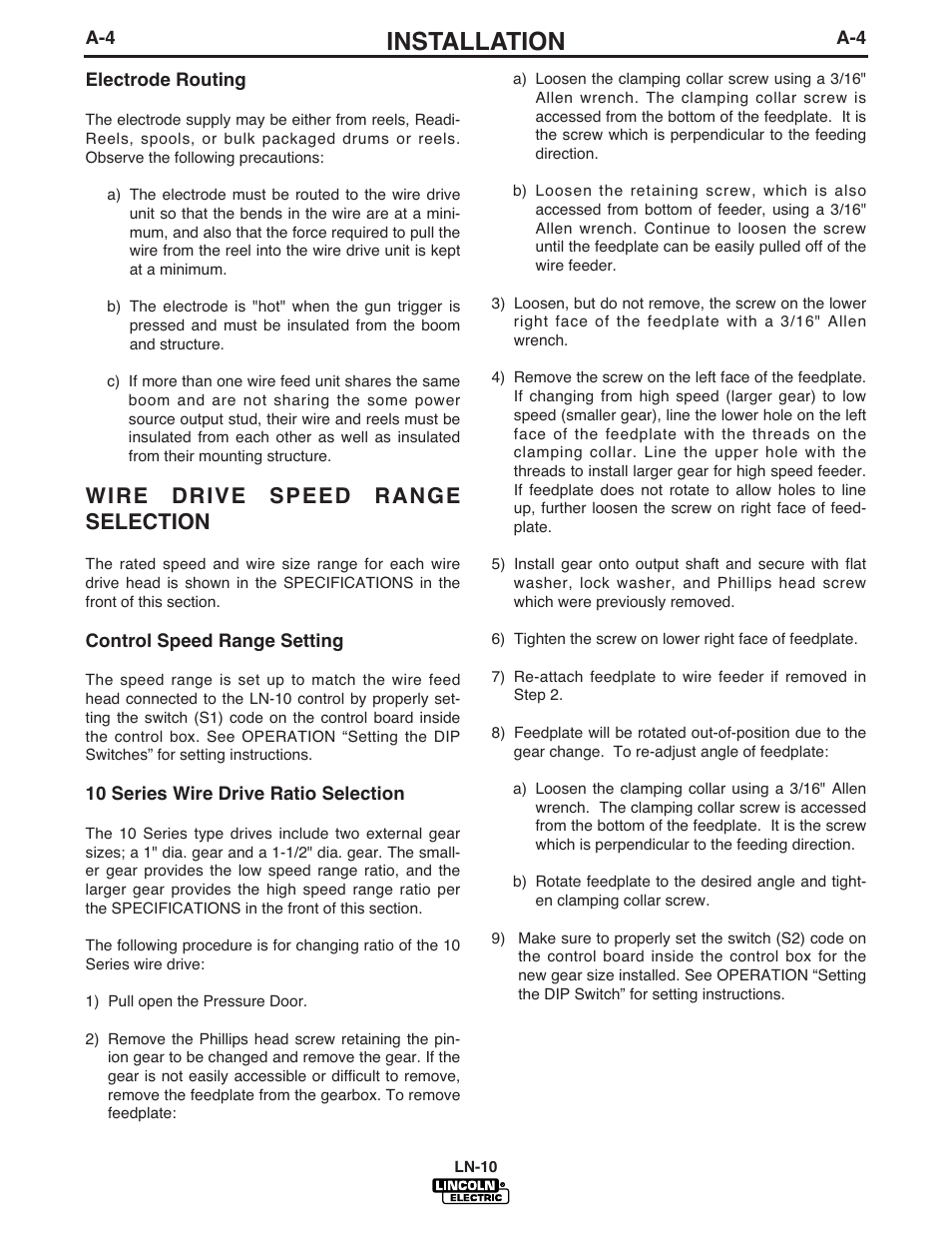 Installation, Wire drive speed range selection | Lincoln Electric IM587 LN-10 Wire Feeder User Manual | Page 12 / 54