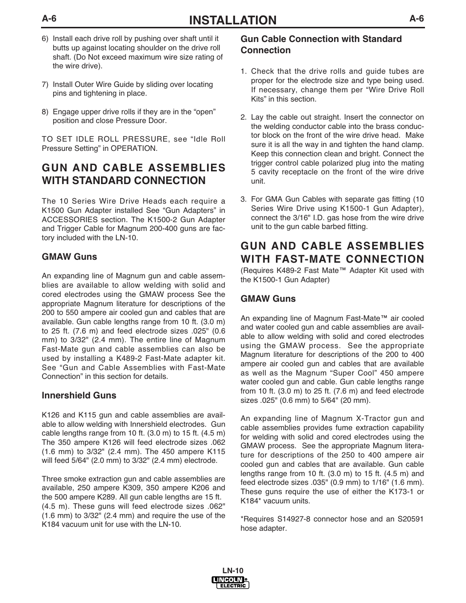 Installation, Gun and cable assemblies with standard connection, Gun and cable assemblies with fast-mate connection | Lincoln Electric IM587 LN-10 Wire Feeder User Manual | Page 14 / 54