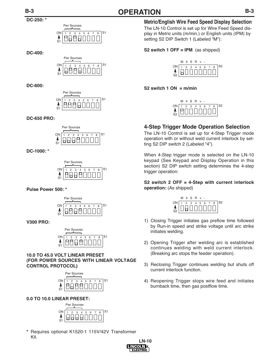 Operation, Metric/english wire feed speed display selection, Step trigger mode operation selection | Lincoln Electric IM587 LN-10 Wire Feeder User Manual | Page 20 / 54