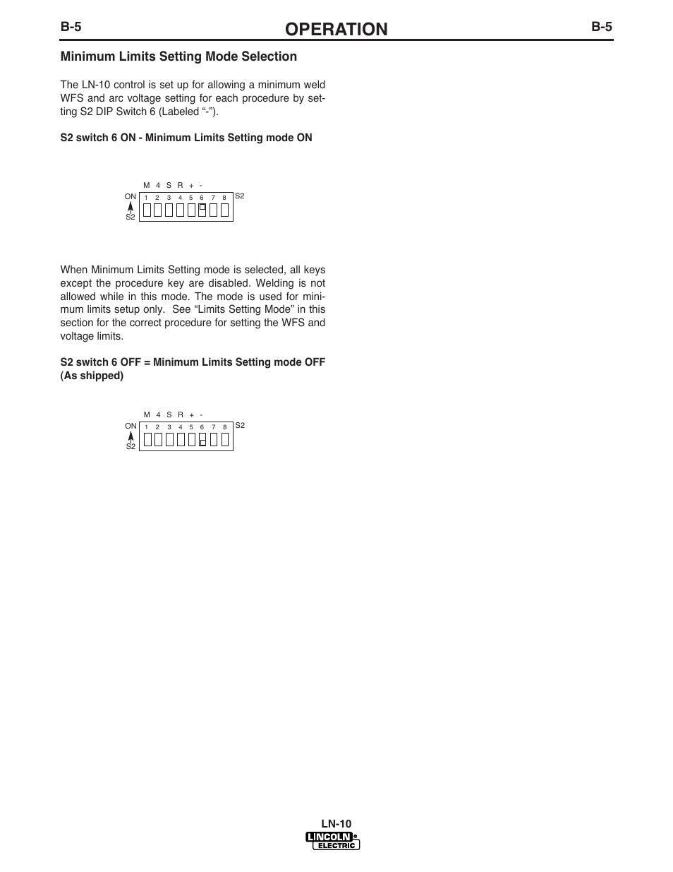 Operation, B-5 minimum limits setting mode selection | Lincoln Electric IM587 LN-10 Wire Feeder User Manual | Page 22 / 54