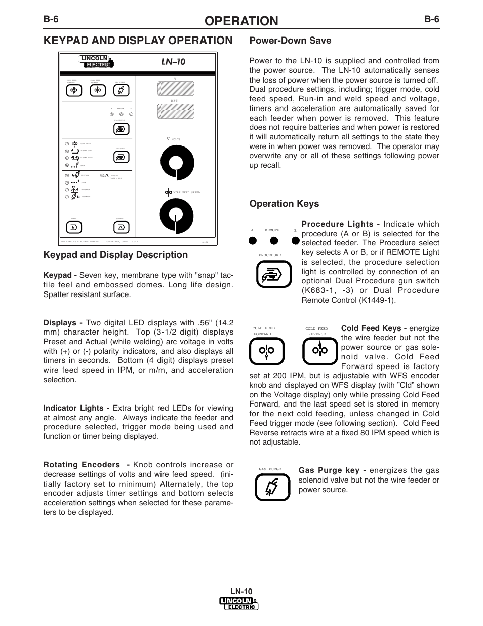 Operation, Keypad and display operation, B-6 keypad and display description | Power-down save, Operation keys | Lincoln Electric IM587 LN-10 Wire Feeder User Manual | Page 23 / 54