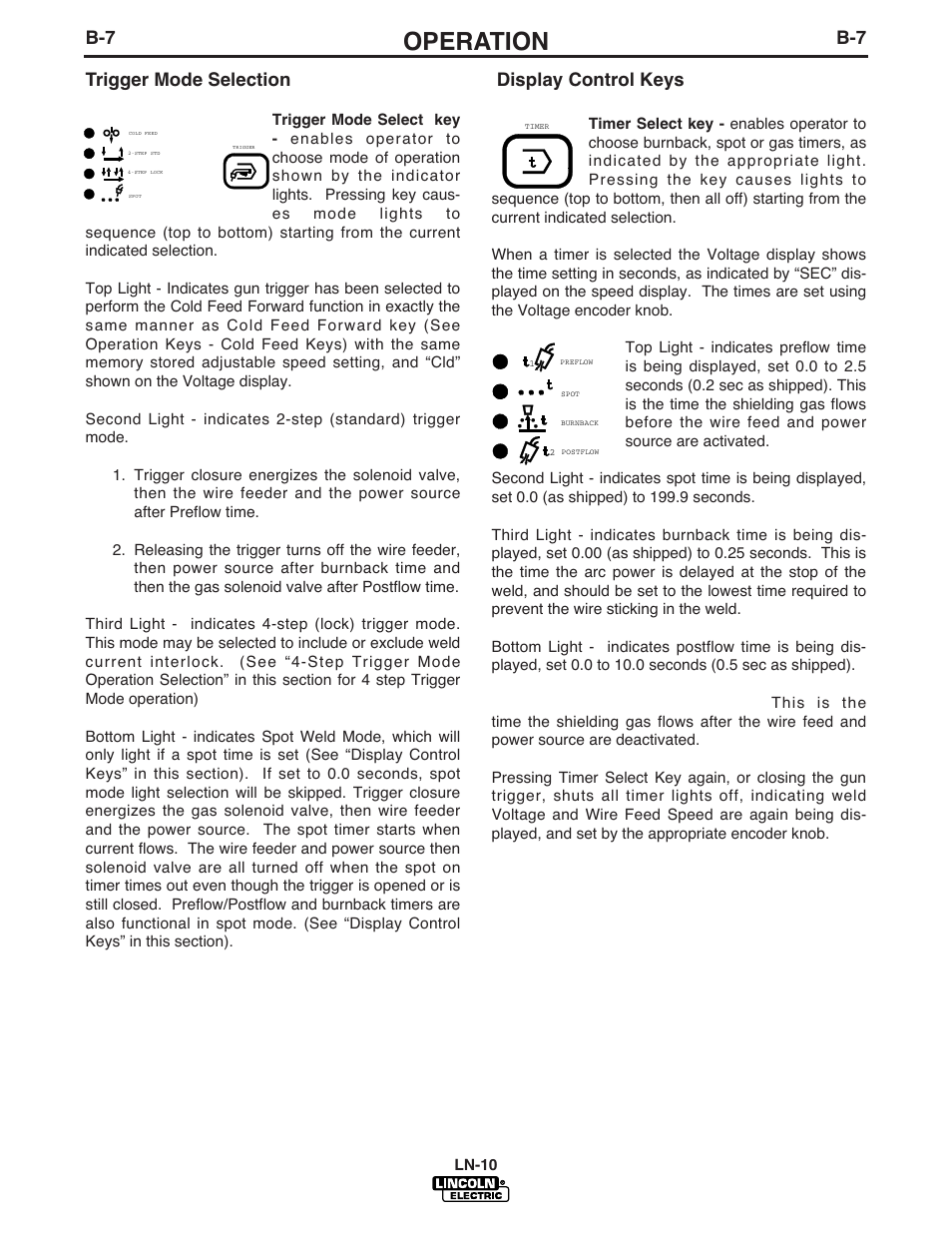 Operation, B-7 trigger mode selection, Display control keys | Lincoln Electric IM587 LN-10 Wire Feeder User Manual | Page 24 / 54