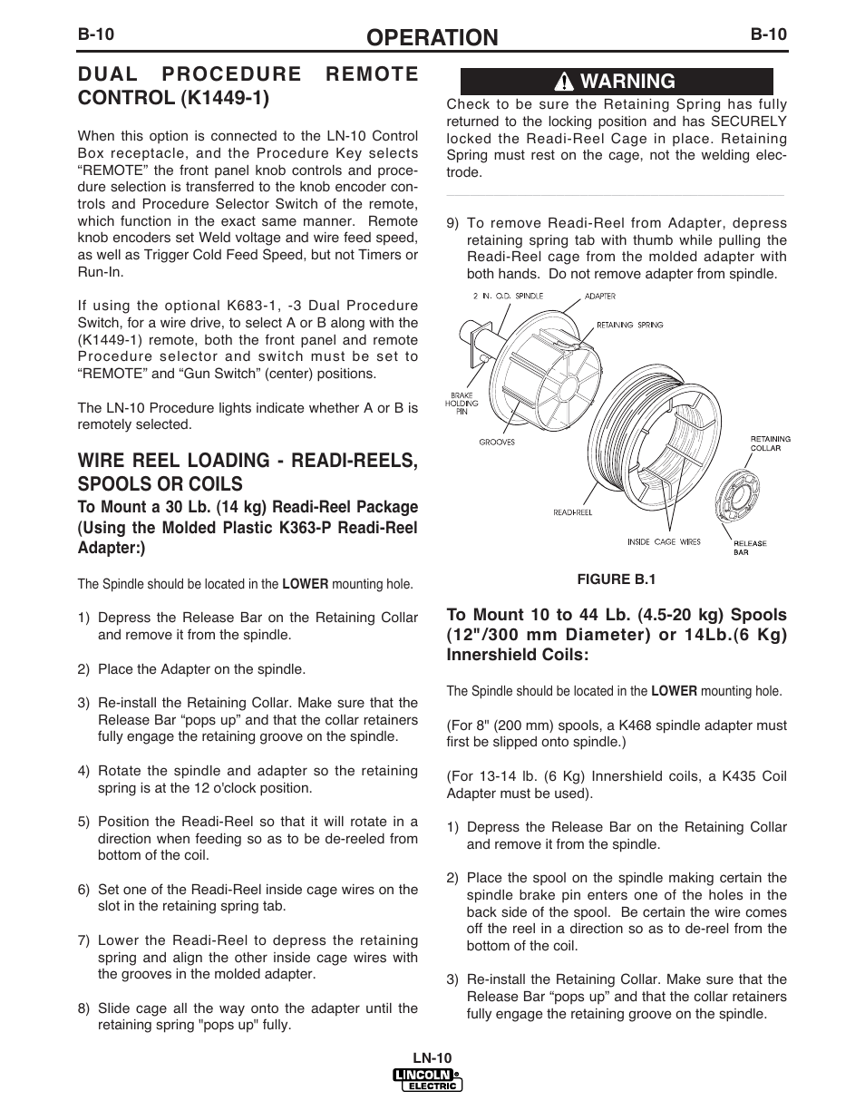 Operation, Wire reel loading - readi-reels, spools or coils, Warning | Lincoln Electric IM587 LN-10 Wire Feeder User Manual | Page 27 / 54