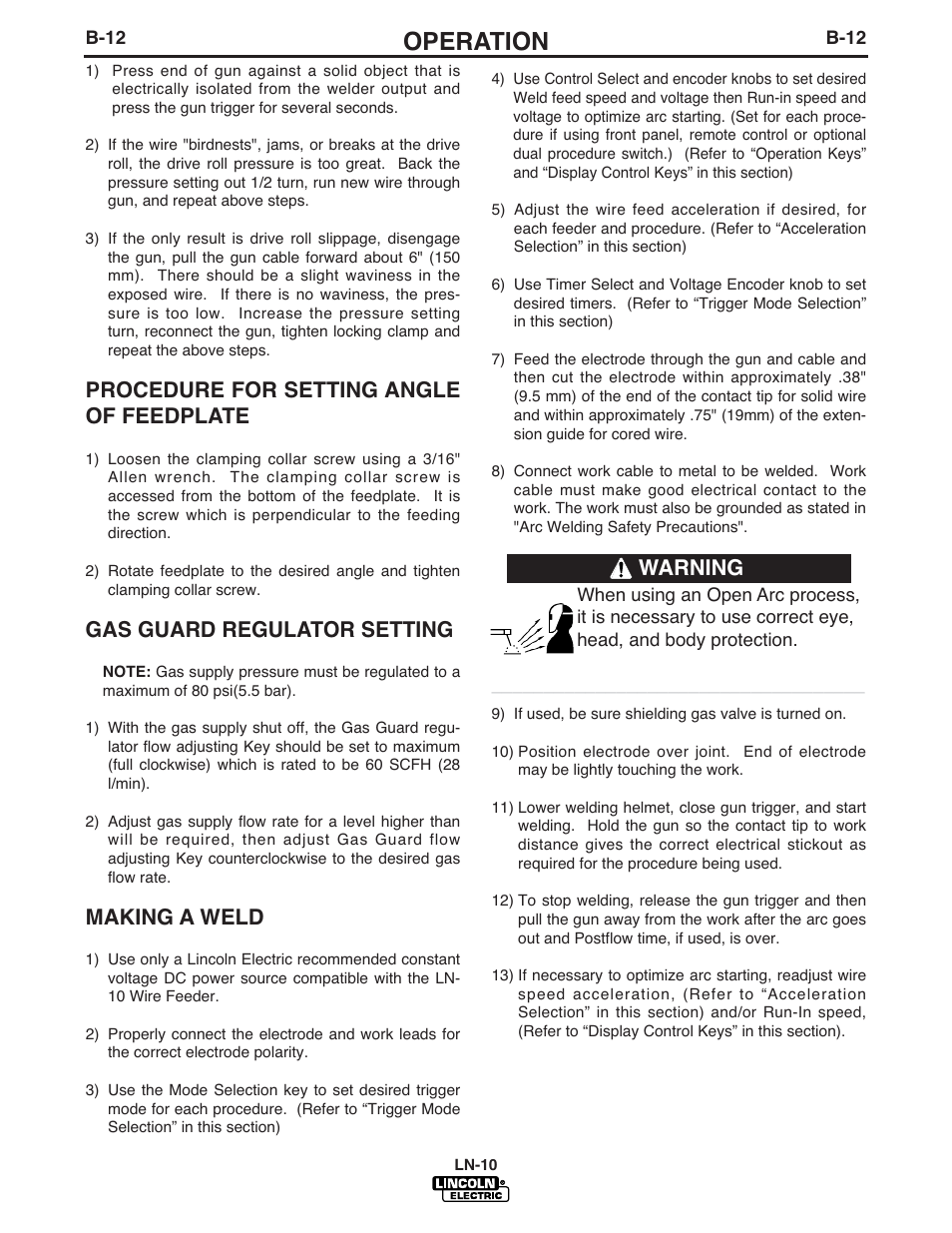 Operation, Procedure for setting angle of feedplate, Gas guard regulator setting | Making a weld, Warning | Lincoln Electric IM587 LN-10 Wire Feeder User Manual | Page 29 / 54