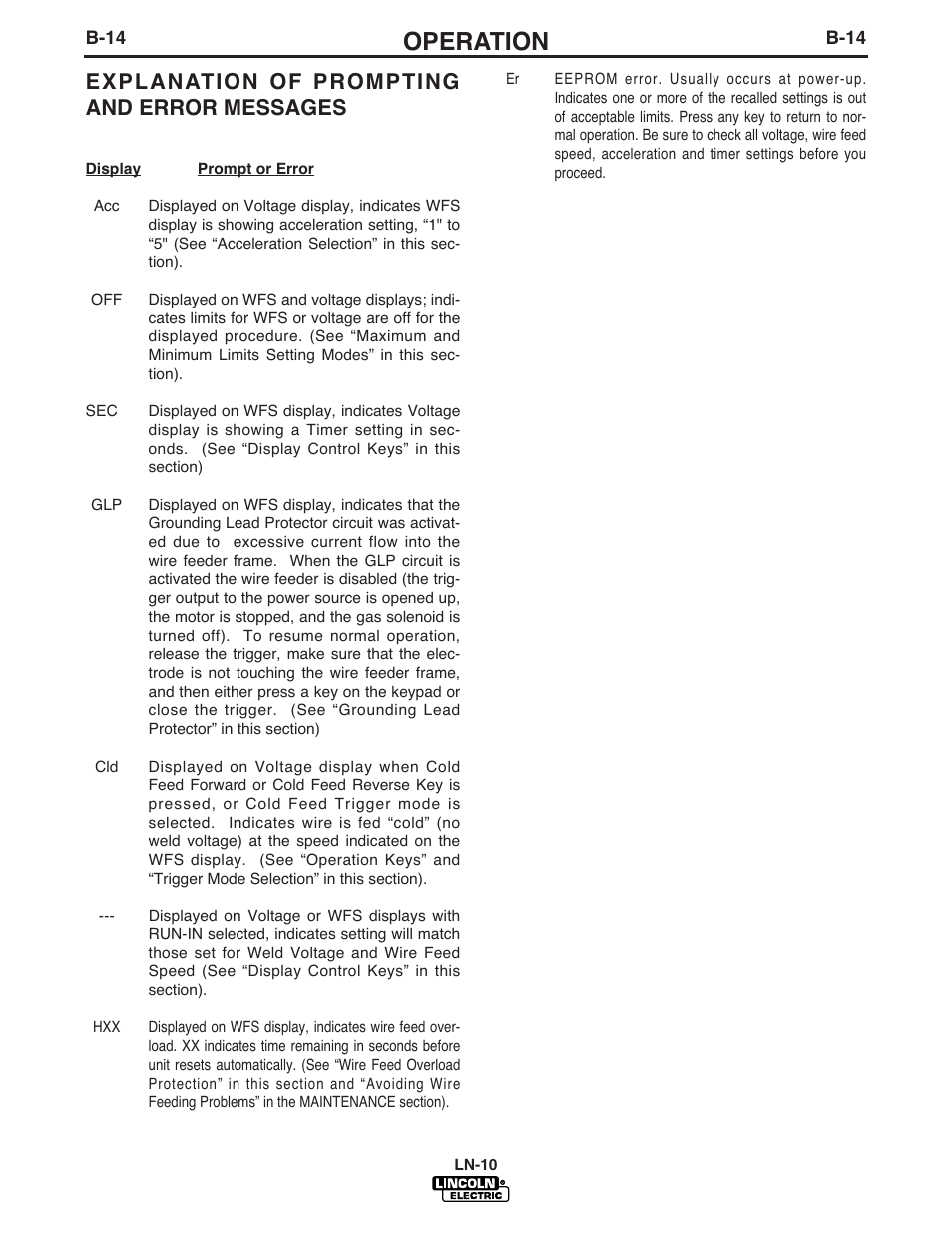 Operation, Explanation of prompting and error messages | Lincoln Electric IM587 LN-10 Wire Feeder User Manual | Page 31 / 54