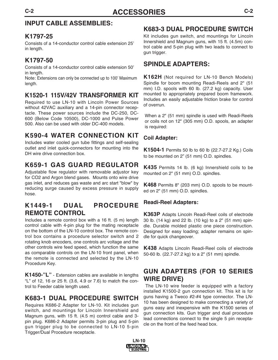 Accessories, K683-3 dual procedure switch, Spindle adapters | Gun adapters (for 10 series wire drive), K590-4 water connection kit, K659-1 gas guard regulator, K683-1 dual procedure switch | Lincoln Electric IM587 LN-10 Wire Feeder User Manual | Page 33 / 54