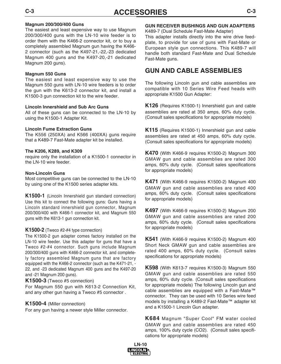 Accessories, Gun and cable assemblies | Lincoln Electric IM587 LN-10 Wire Feeder User Manual | Page 34 / 54