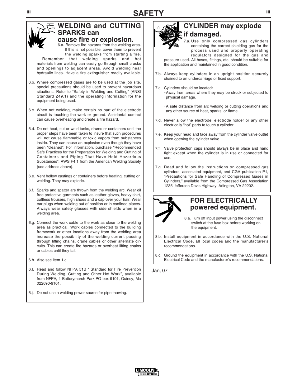 Safety, For electrically powered equipment, Cylinder may explode if damaged | Lincoln Electric IM587 LN-10 Wire Feeder User Manual | Page 4 / 54