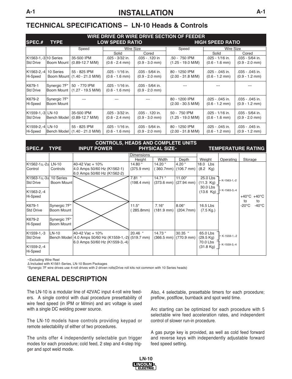 Installation, Technical specifications – ln-10 heads & controls, General description | Lincoln Electric IM587 LN-10 Wire Feeder User Manual | Page 9 / 54