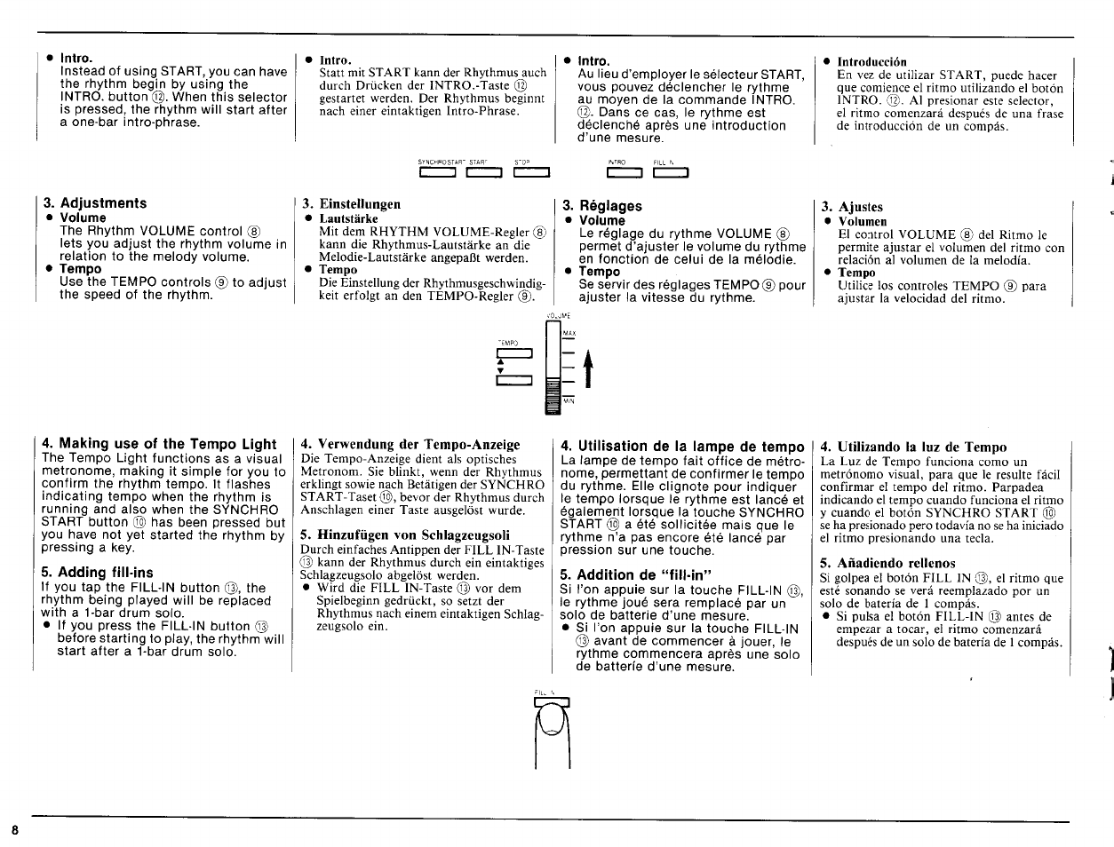 Intro, Adjustments, Einstellungen | Réglages, Ajustes, Making use of the tempo light, Adding fill-ins, Verwendung der tempo-anzeige, Hinzufügen von schlagzeugsoli, Utilisation de la lampe de tempo | Yamaha PSR-16 User Manual | Page 10 / 20