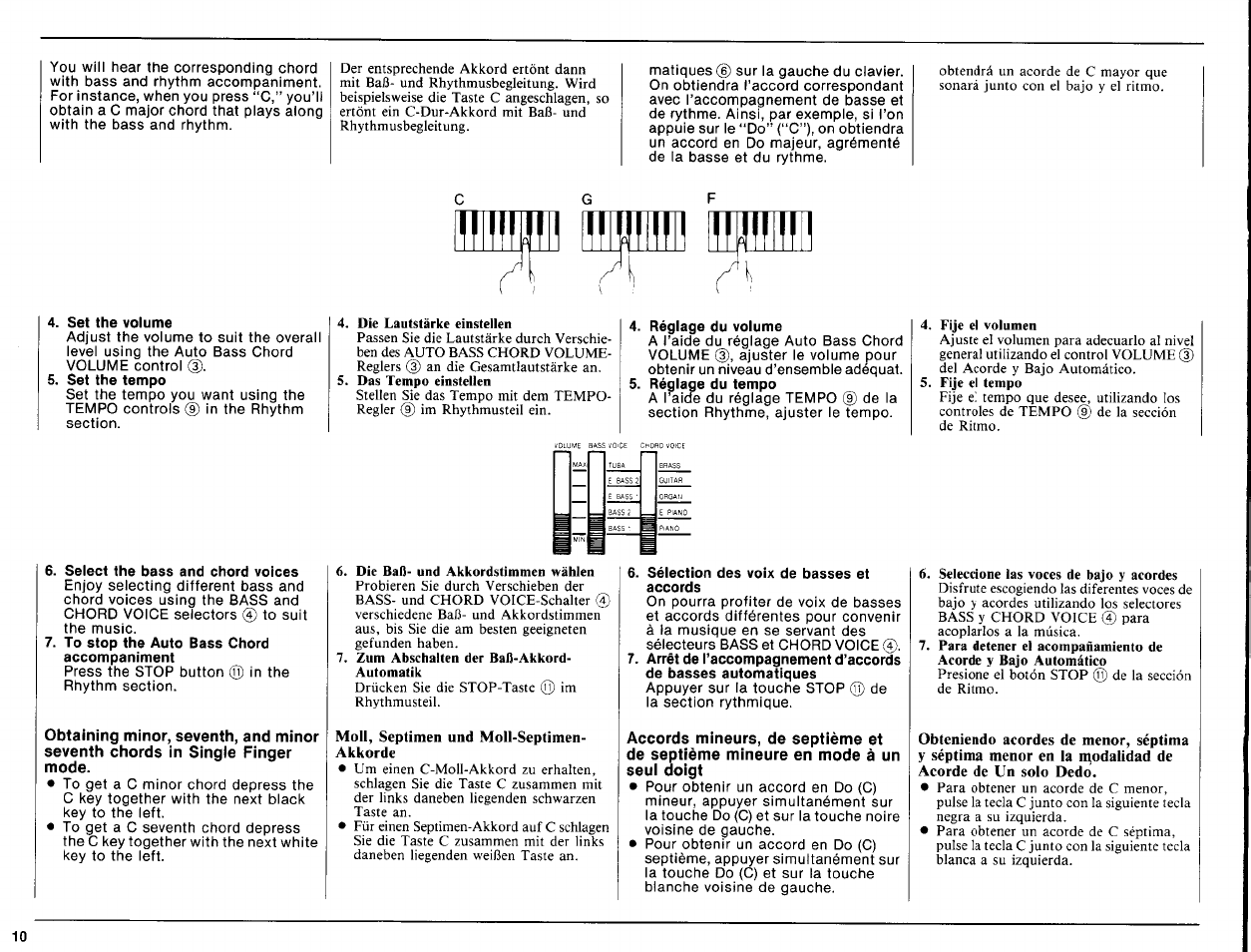 Set the volume, Set the tempo, Réglage du volume | Select the bass and chord voices, To stop the auto bass chord accompaniment, Moll, septimen und moll-septimen- akkorde, Sélection des voix de basses et accords | Yamaha PSR-16 User Manual | Page 12 / 20