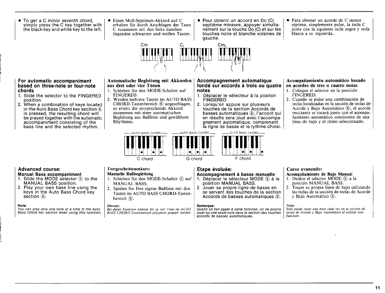 Advanced course, Etape évoluée, Curso avanzado | Yamaha PSR-16 User Manual | Page 13 / 20