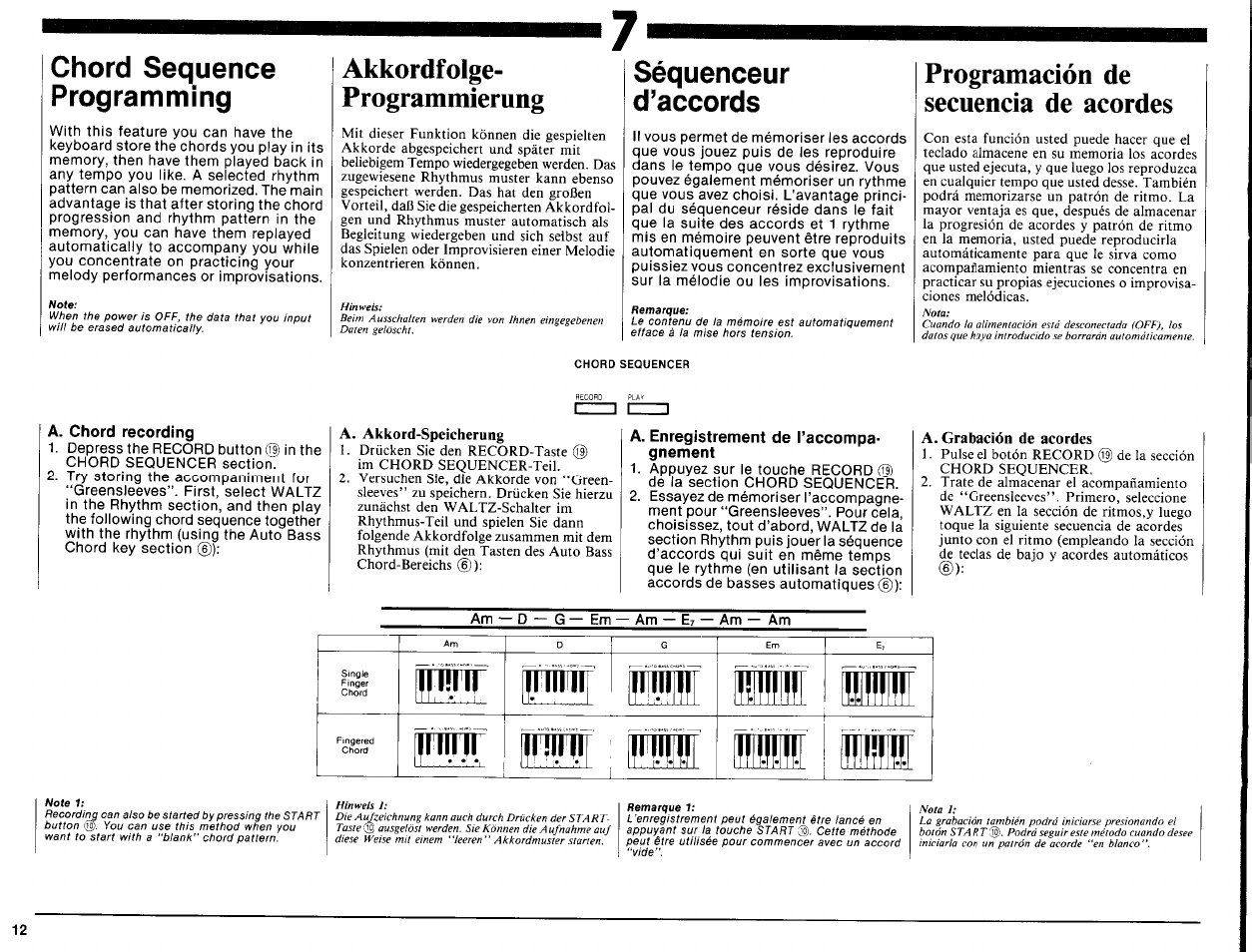 Chord sequence programming, Akkordfoige, Programmierung | Séquenceur, D’accords, Programación de secuencia de acordes, A. chord recording, A. akkord-speicherung, A. enregistrement de taccompa- gnement, A. grabación de acordes | Yamaha PSR-16 User Manual | Page 14 / 20