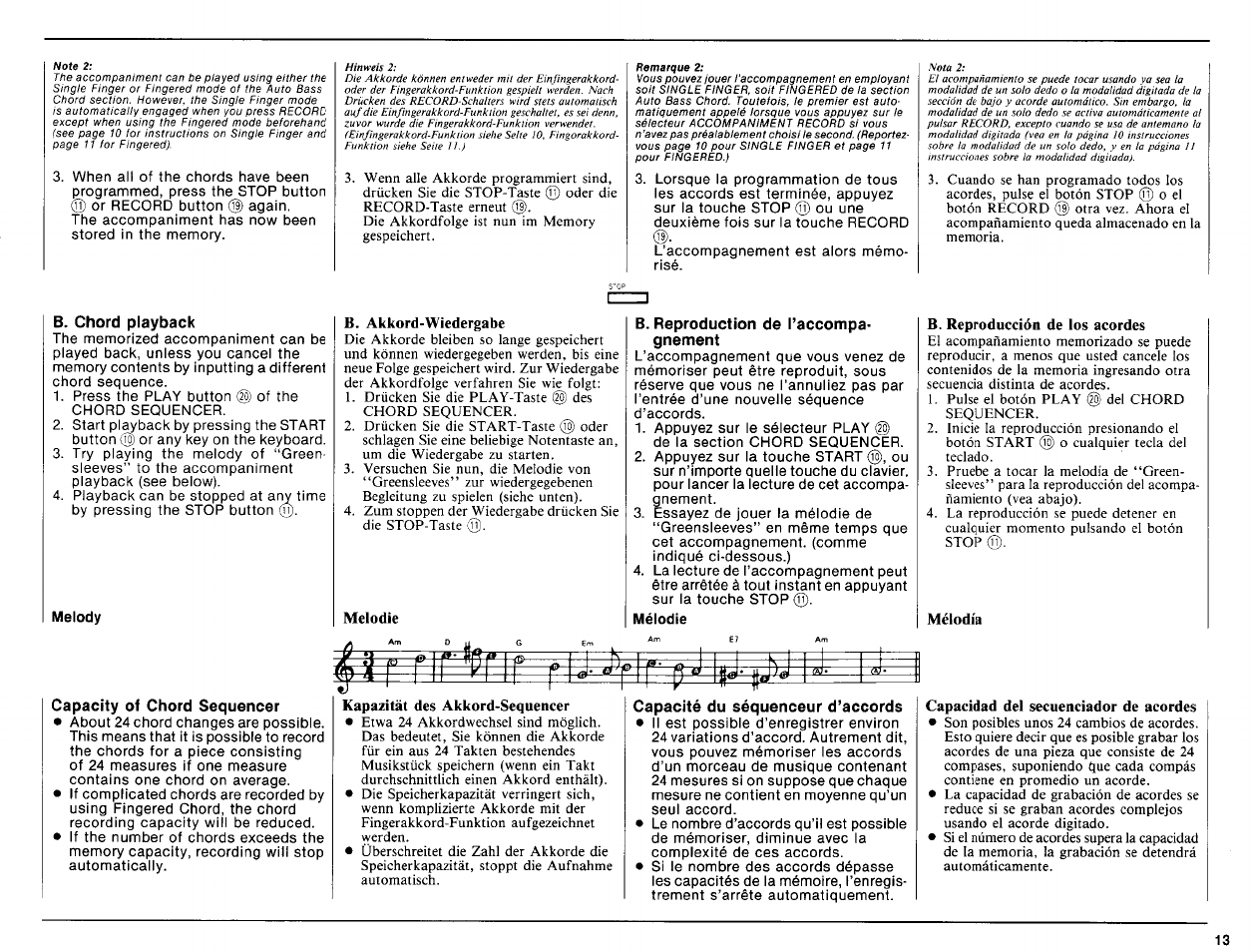 B. chord playback, Melody, B. akkord-wiedergabe | Melodie, B. reproduction de paccompa- gnement, B. reproducción de los acordes, Mélodía, Capacity of chord sequencer, Kapazität des akkord-sequencer, Capacité du séquenceur d’accords | Yamaha PSR-16 User Manual | Page 15 / 20