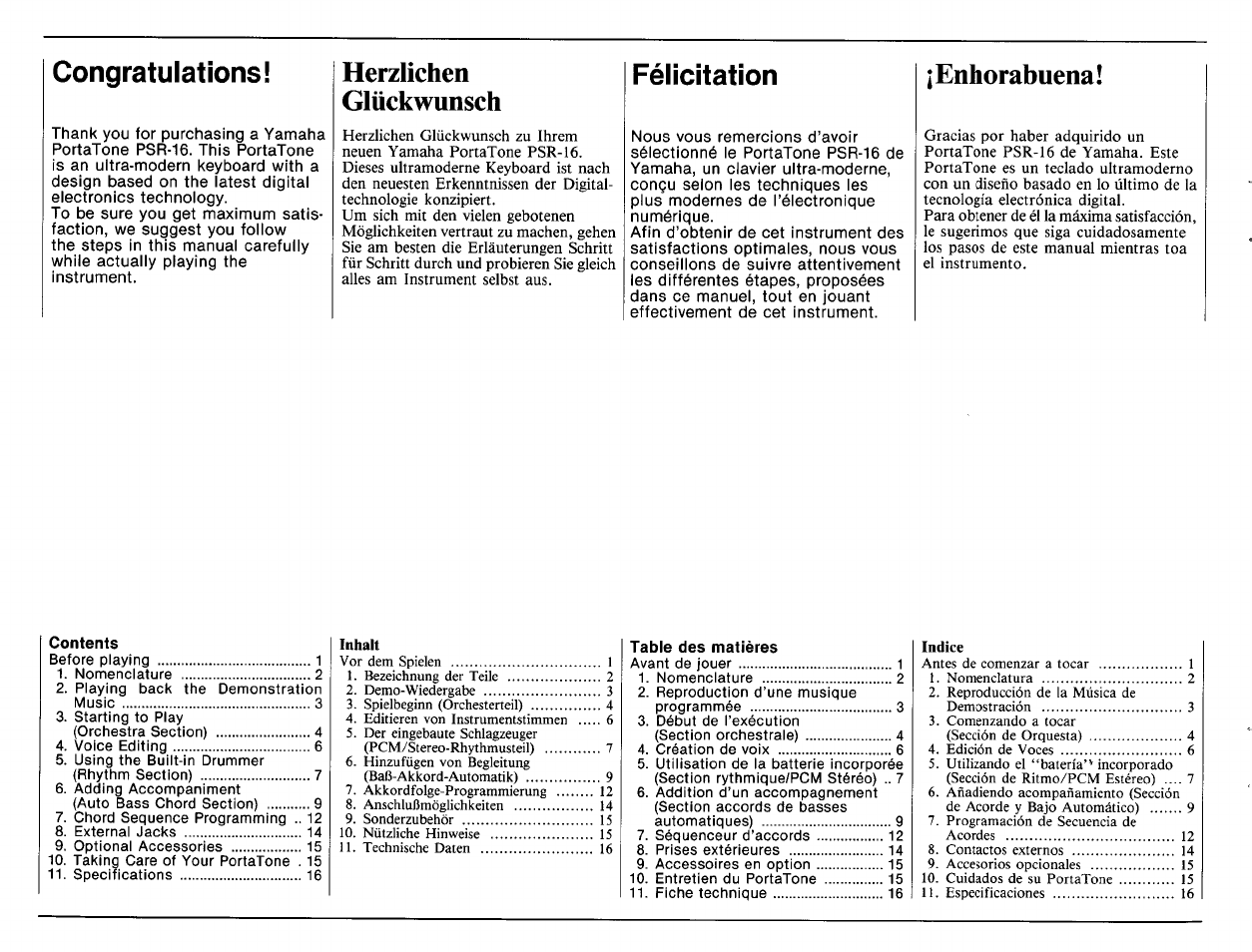 Congratulations, Herzlichen, Glückwunsch | Félicitation, Enhorabuena, Herzlichen glückwunsch | Yamaha PSR-16 User Manual | Page 2 / 20