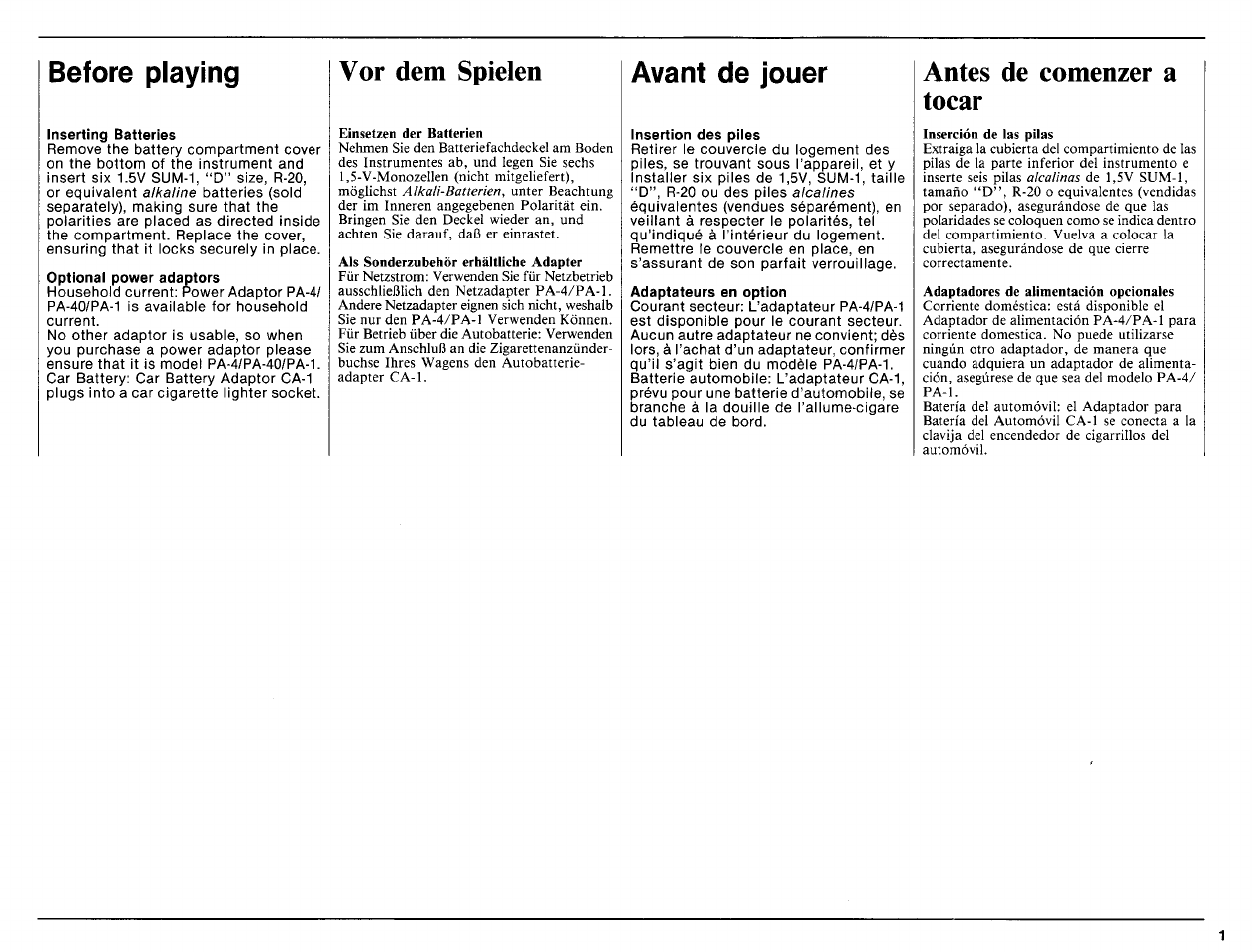 Inserting batteries, Optional power adaptors, Vor dem spielen | Insertion des piles, Adaptateurs en option, Antes de comenzer a tocar, Before playing, Avant de jouer | Yamaha PSR-16 User Manual | Page 3 / 20