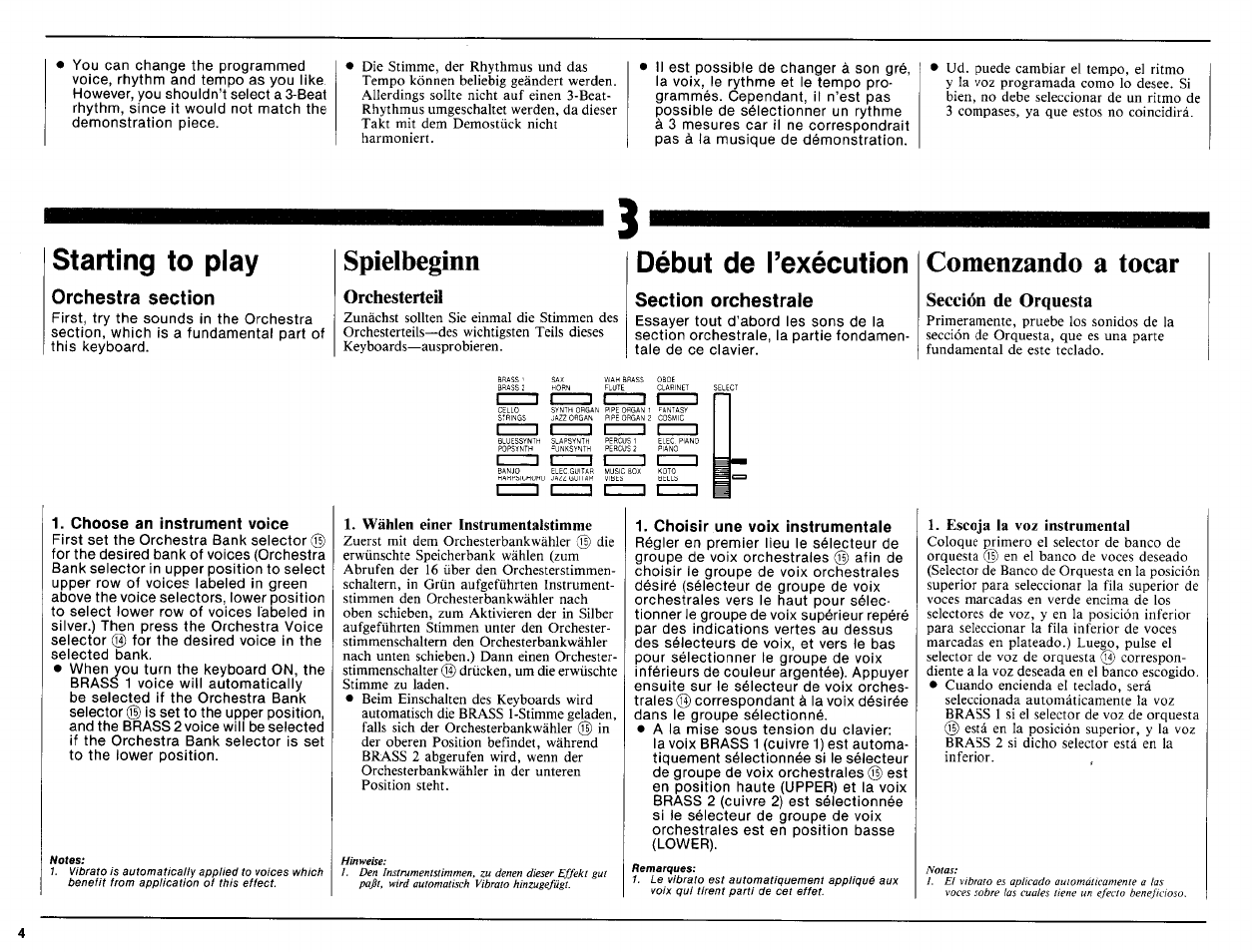 Spielbeginn, Orchestertei, Sección de orquesta | Choose an instrument voice, Wählen einer instrumentalstimme, Choisir une voix instrumentale, Escoja la voz instrumental, Starting to play, Début de l’exécution, Comenzando a tocar | Yamaha PSR-16 User Manual | Page 6 / 20