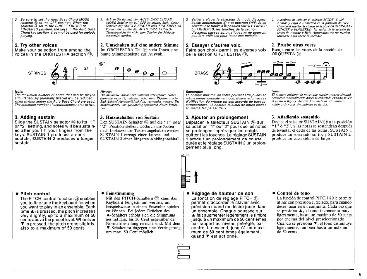 Try other voices, Umschalten auf eine andere stimme, Essayer d’autres voix | Pruebe otras voces, Adding sustain, Hinzuschalten von sustain, Ajouter un prolongement, Añadiendo sostenido, Pitch control, Feinstimmung | Yamaha PSR-16 User Manual | Page 7 / 20