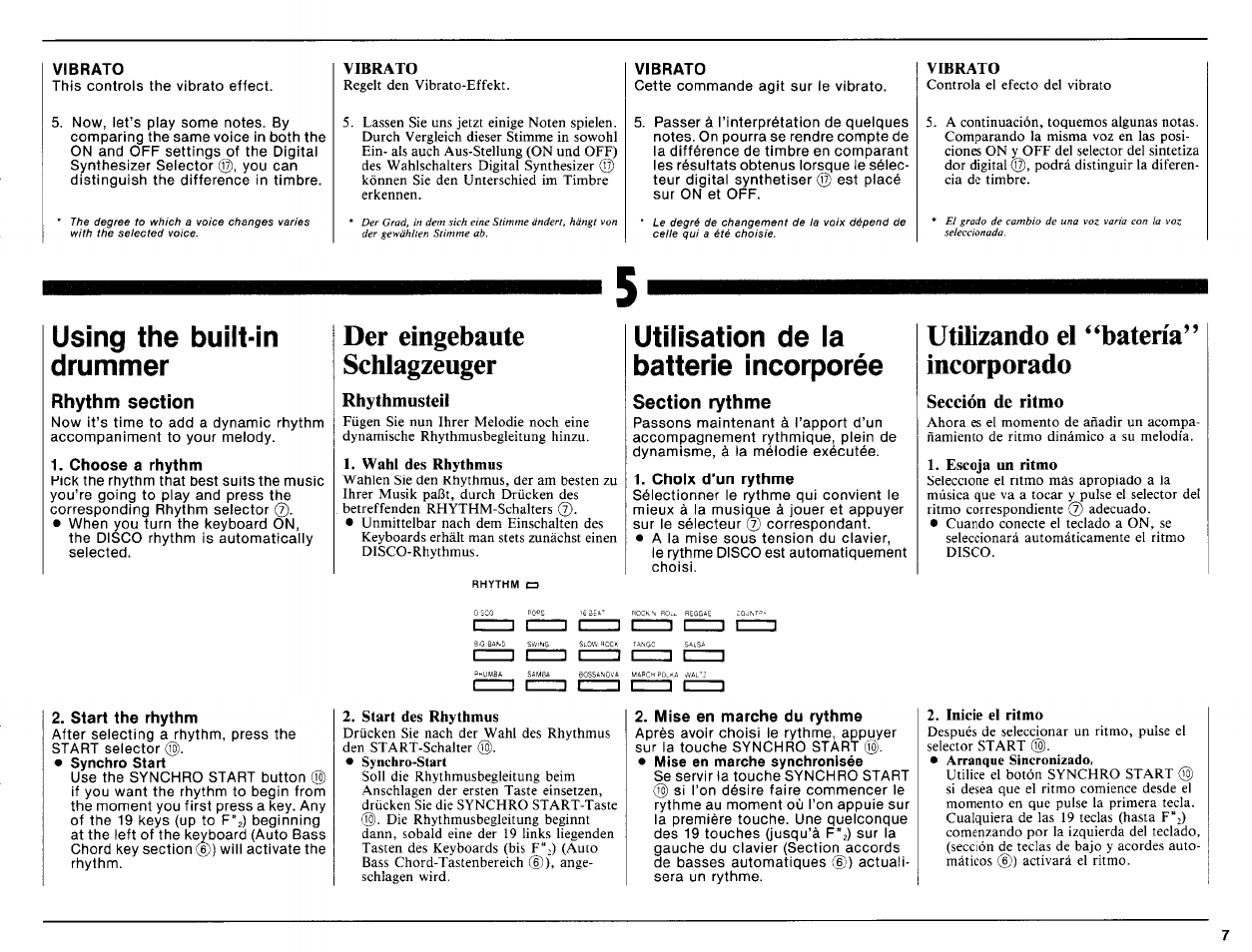 Vibrato, Using the built-in drummer, Choose a rhythm | Der eingebaute schlagzeuger, Rhythmusteil, Utilisation de la batterie incorporée, Choix d’un rythme, Utilizando el “batería” incorporado, Sección de ritmo, Start the rhythm | Yamaha PSR-16 User Manual | Page 9 / 20