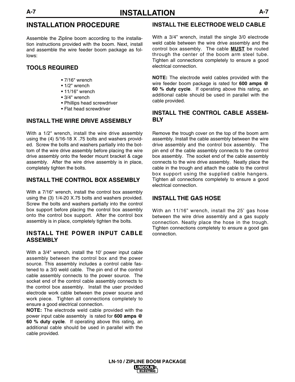 Installation, Installation procedure | Lincoln Electric IM596-2 LN-10_ZIPLINE BOOM PACKAGE User Manual | Page 11 / 24