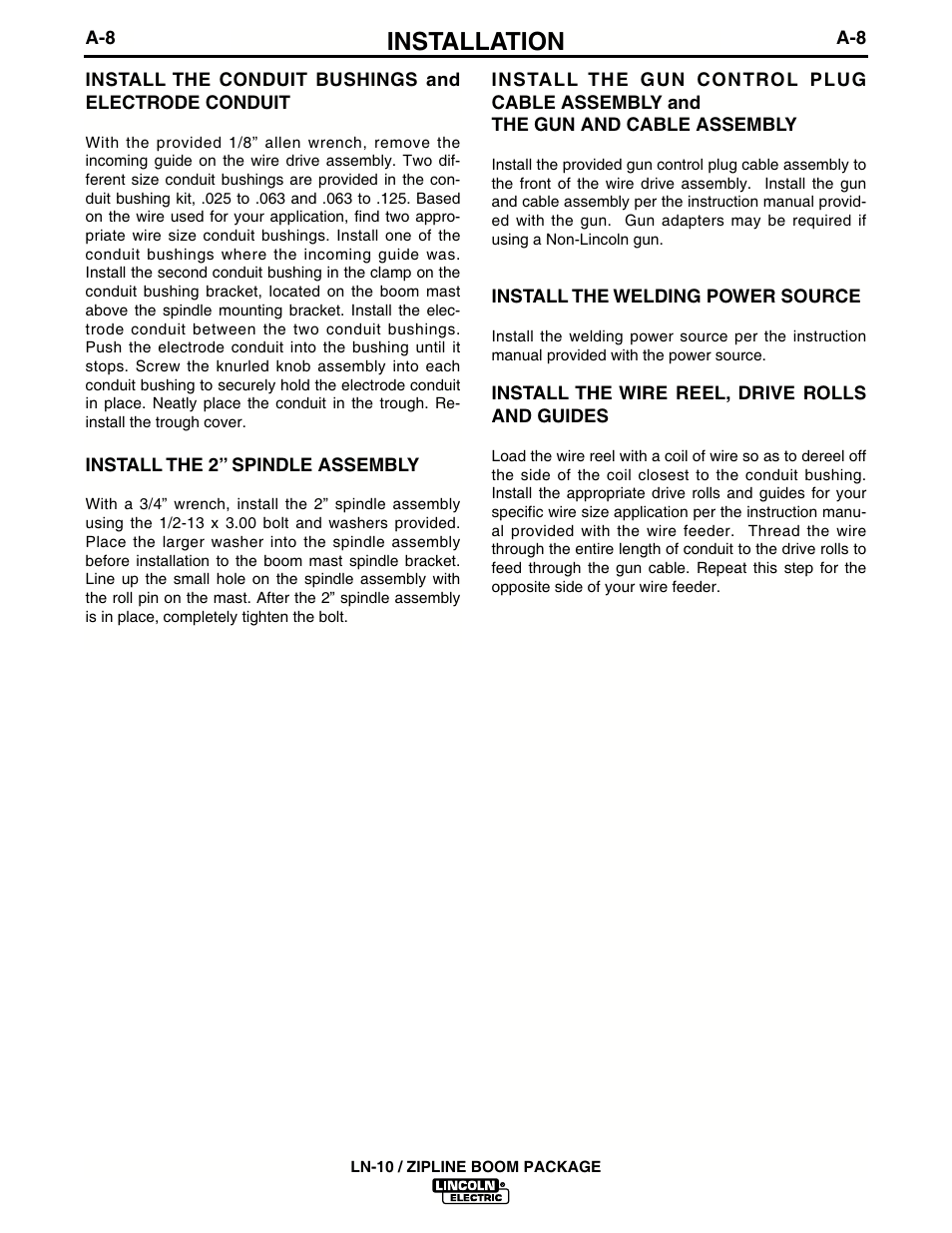 Installation | Lincoln Electric IM596-2 LN-10_ZIPLINE BOOM PACKAGE User Manual | Page 12 / 24