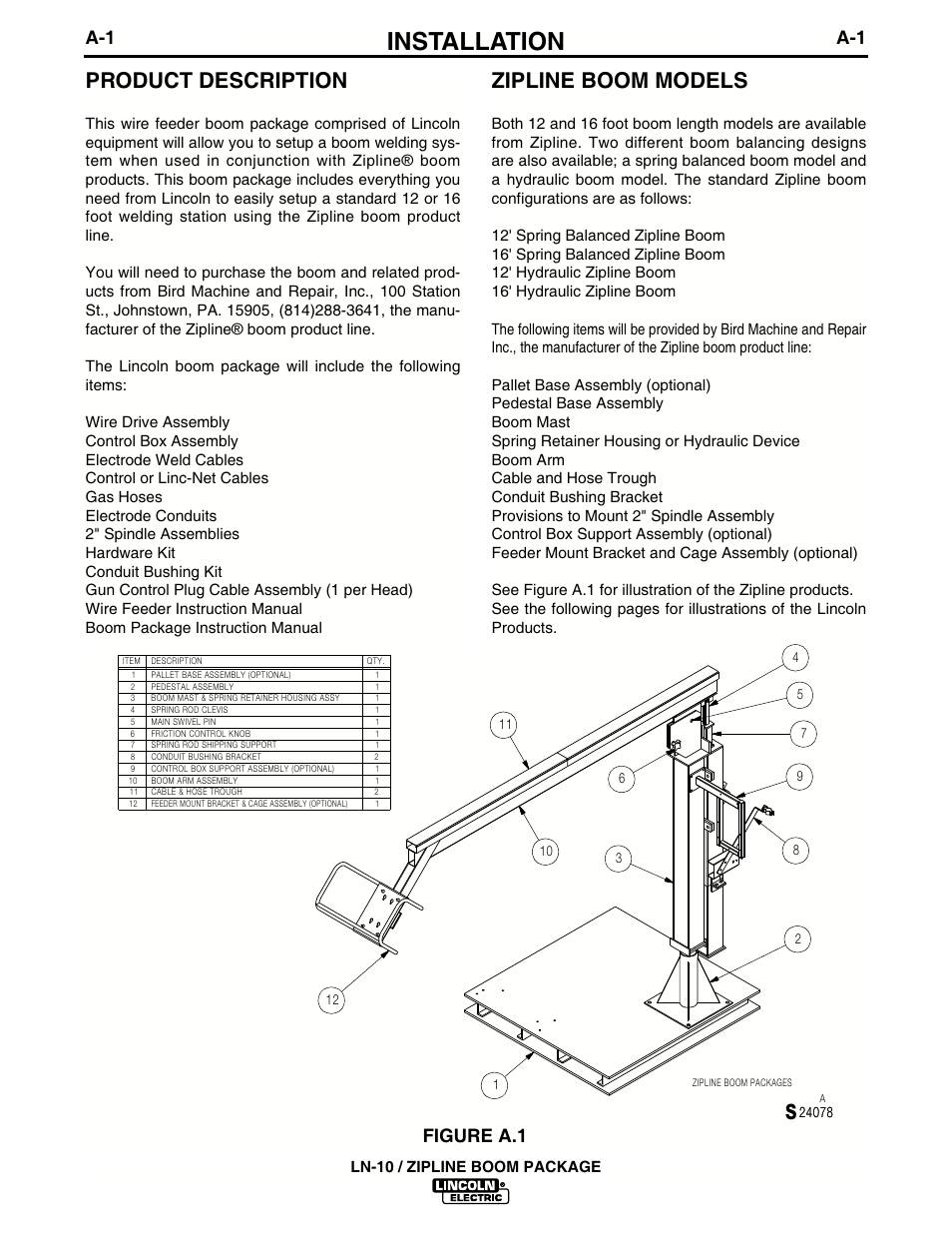 Installation, Product description, Zipline boom models | Figure a.1, Ln-10 / zipline boom package | Lincoln Electric IM596-2 LN-10_ZIPLINE BOOM PACKAGE User Manual | Page 5 / 24