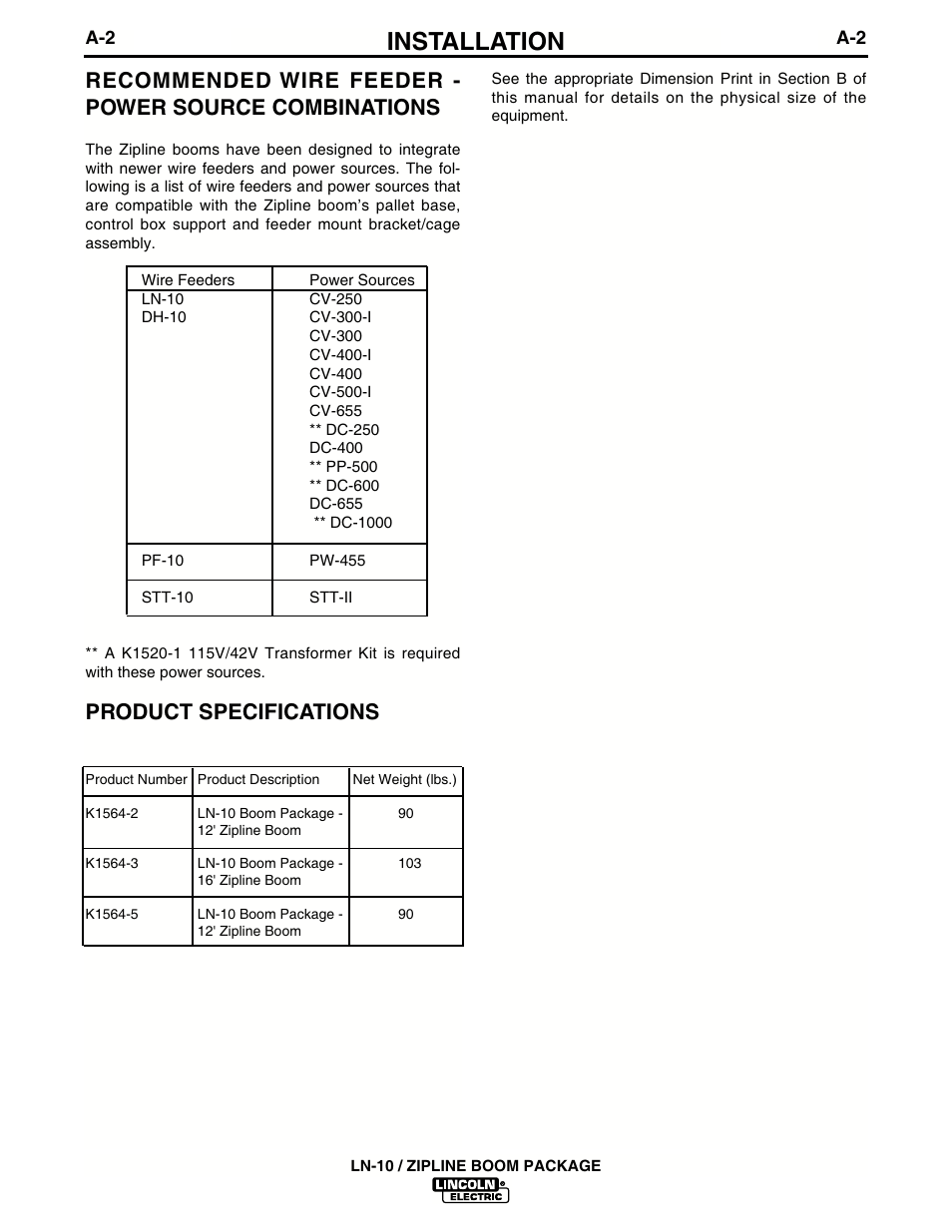 Installation, Product specifications | Lincoln Electric IM596-2 LN-10_ZIPLINE BOOM PACKAGE User Manual | Page 6 / 24