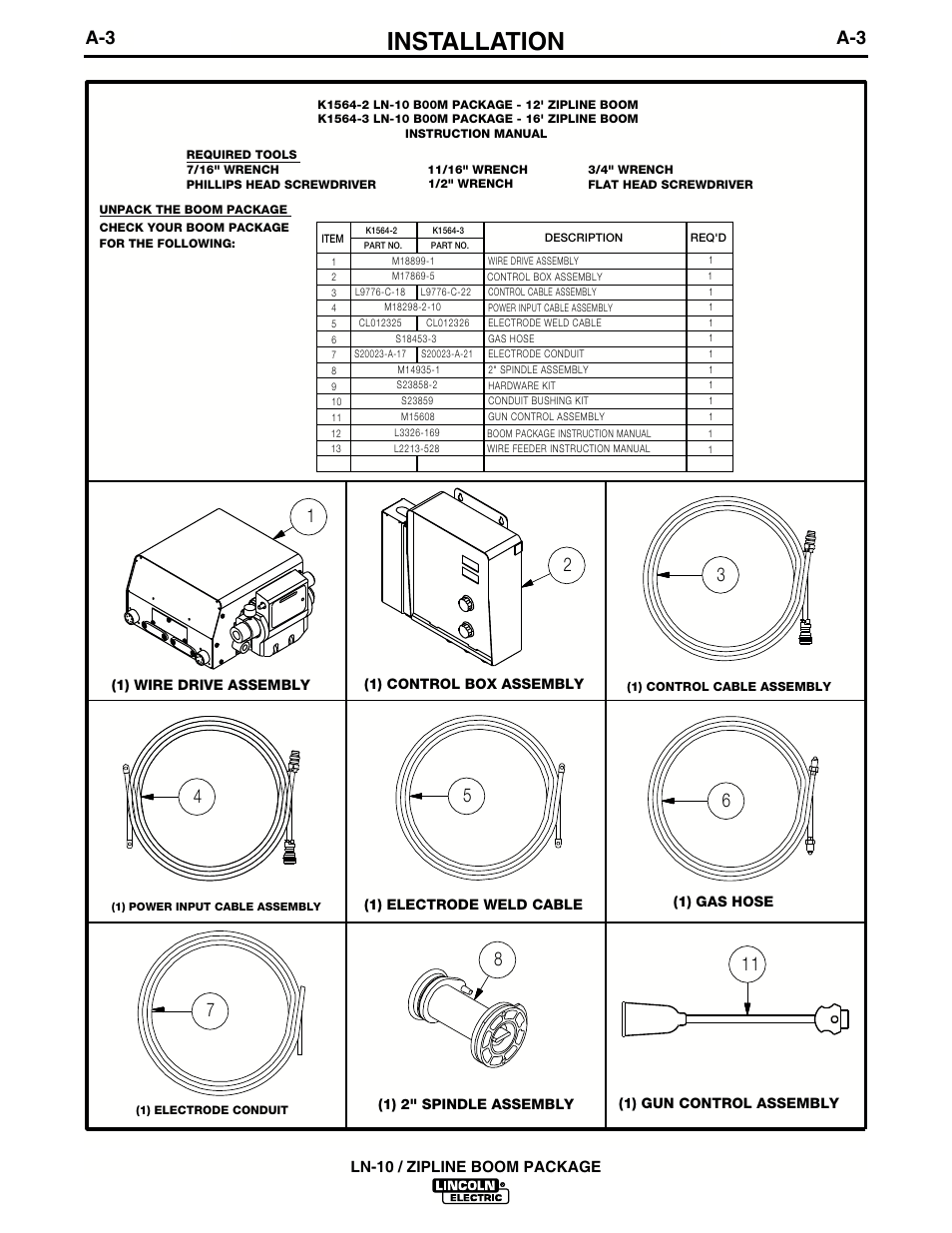 Installation, Ln-10 / zipline boom package | Lincoln Electric IM596-2 LN-10_ZIPLINE BOOM PACKAGE User Manual | Page 7 / 24